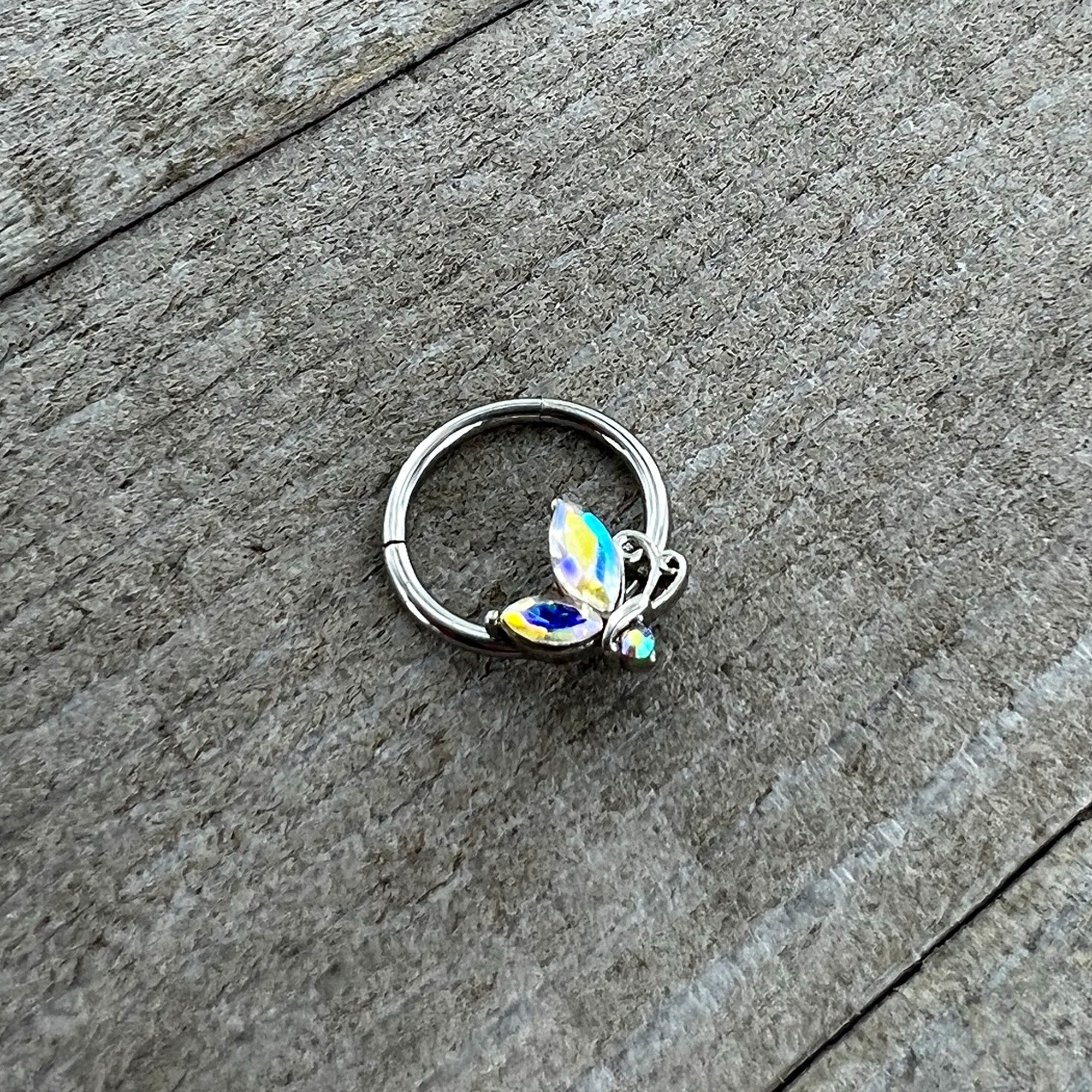 BodyCandy 16G 3/8 Aurora CZ Gem Fleur de Lis Butterfly Hinged Segment Ring — side view