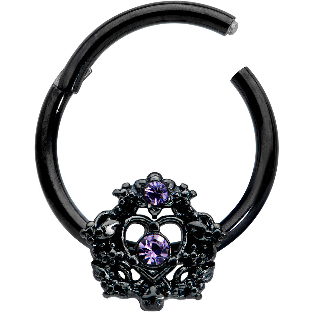 BodyCandy 16G 3/8 Purple Gem Black Regal Crown Hinged Segment Ring — detail close-up