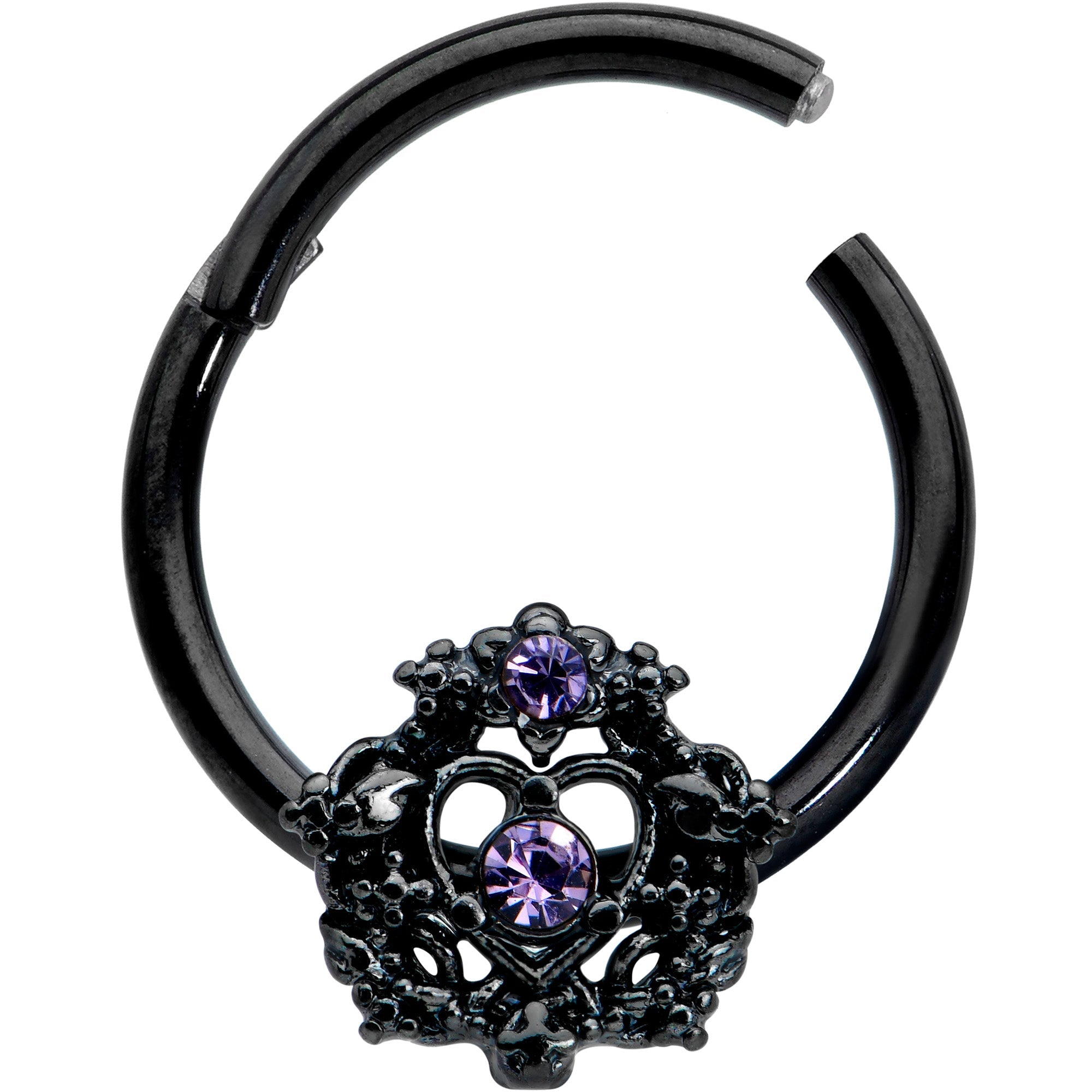 BodyCandy 16G 3/8 Purple Gem Black Regal Crown Hinged Segment Ring — detail close-up