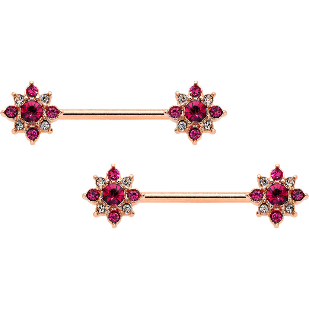 BodyCandy 14G Red Gem Rose Gold Tone Rococo Star Barbell Nipple Ring Set — main product shot