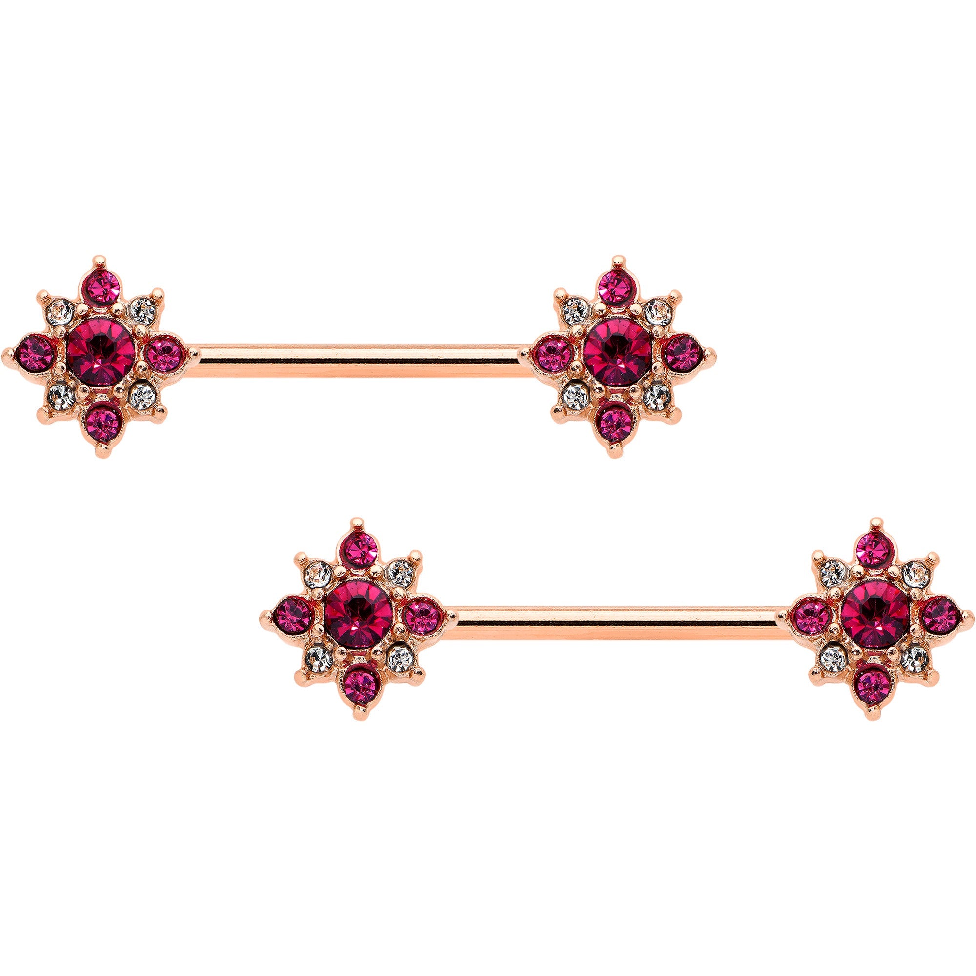 BodyCandy 14G Red Gem Rose Gold Tone Rococo Star Barbell Nipple Ring Set — main product shot