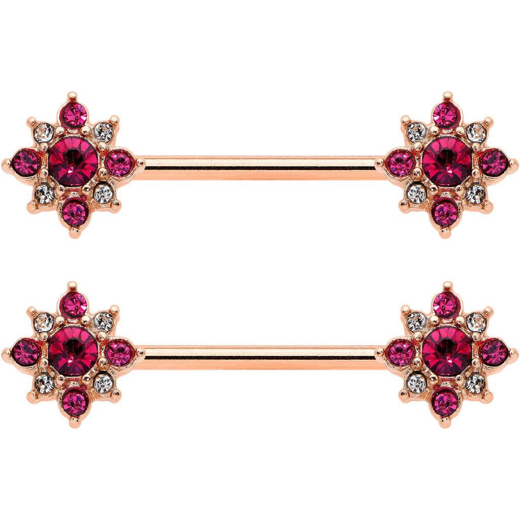 BodyCandy 14G Red Gem Rose Gold Tone Rococo Star Barbell Nipple Ring Set — detail close-up