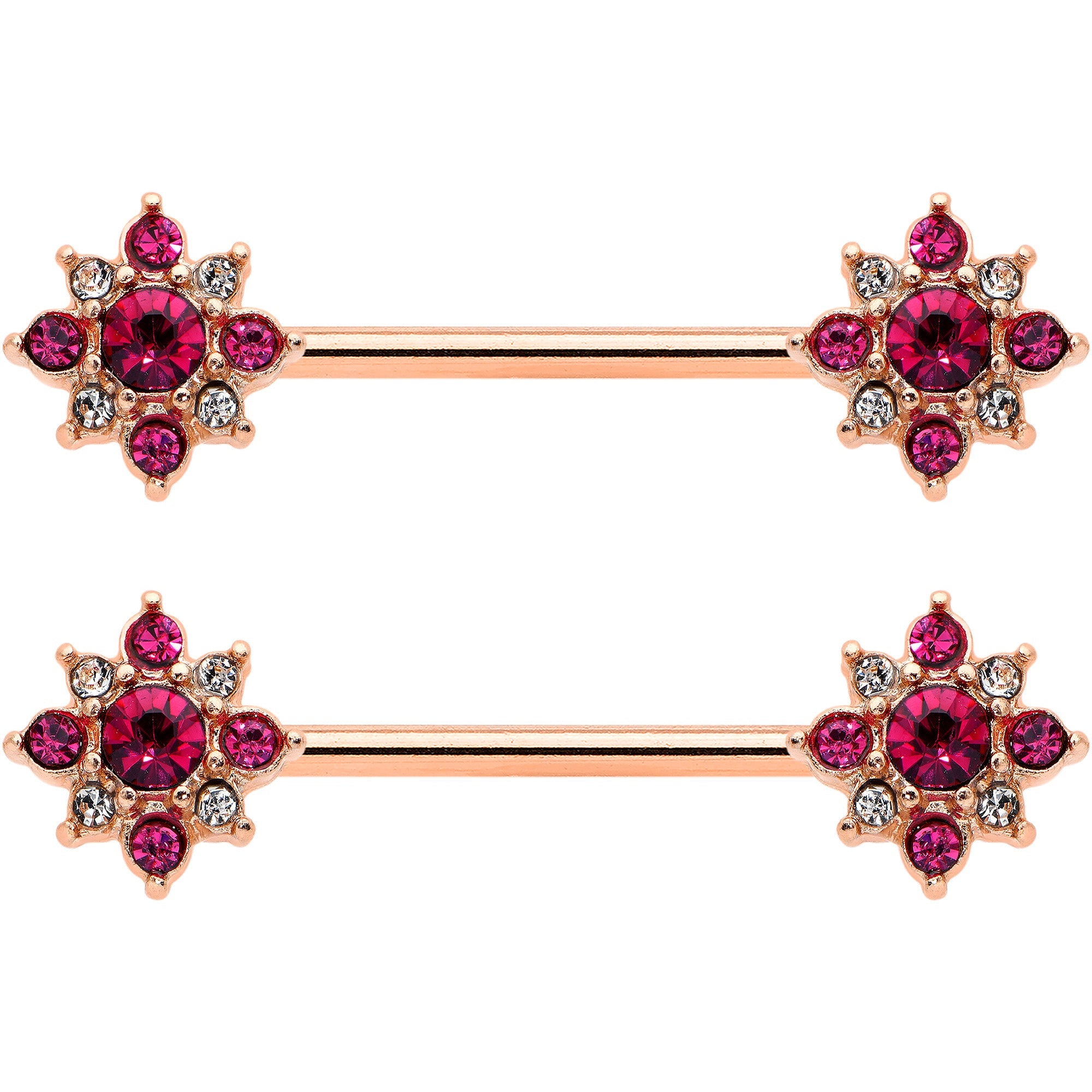 BodyCandy 14G Red Gem Rose Gold Tone Rococo Star Barbell Nipple Ring Set — detail close-up