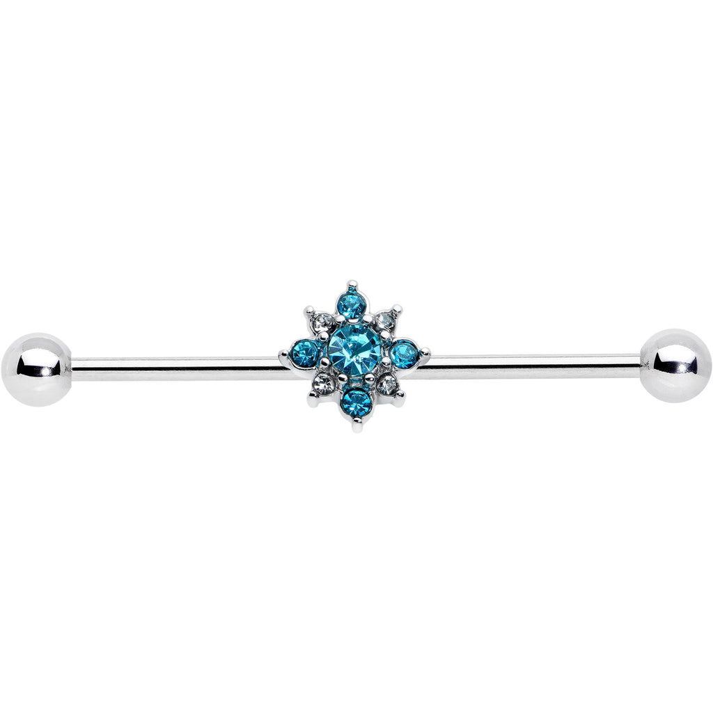 BodyCandy 14G Blue Gem Frosty Snowflake Christmas Industrial Barbell 38mm — detail close-up