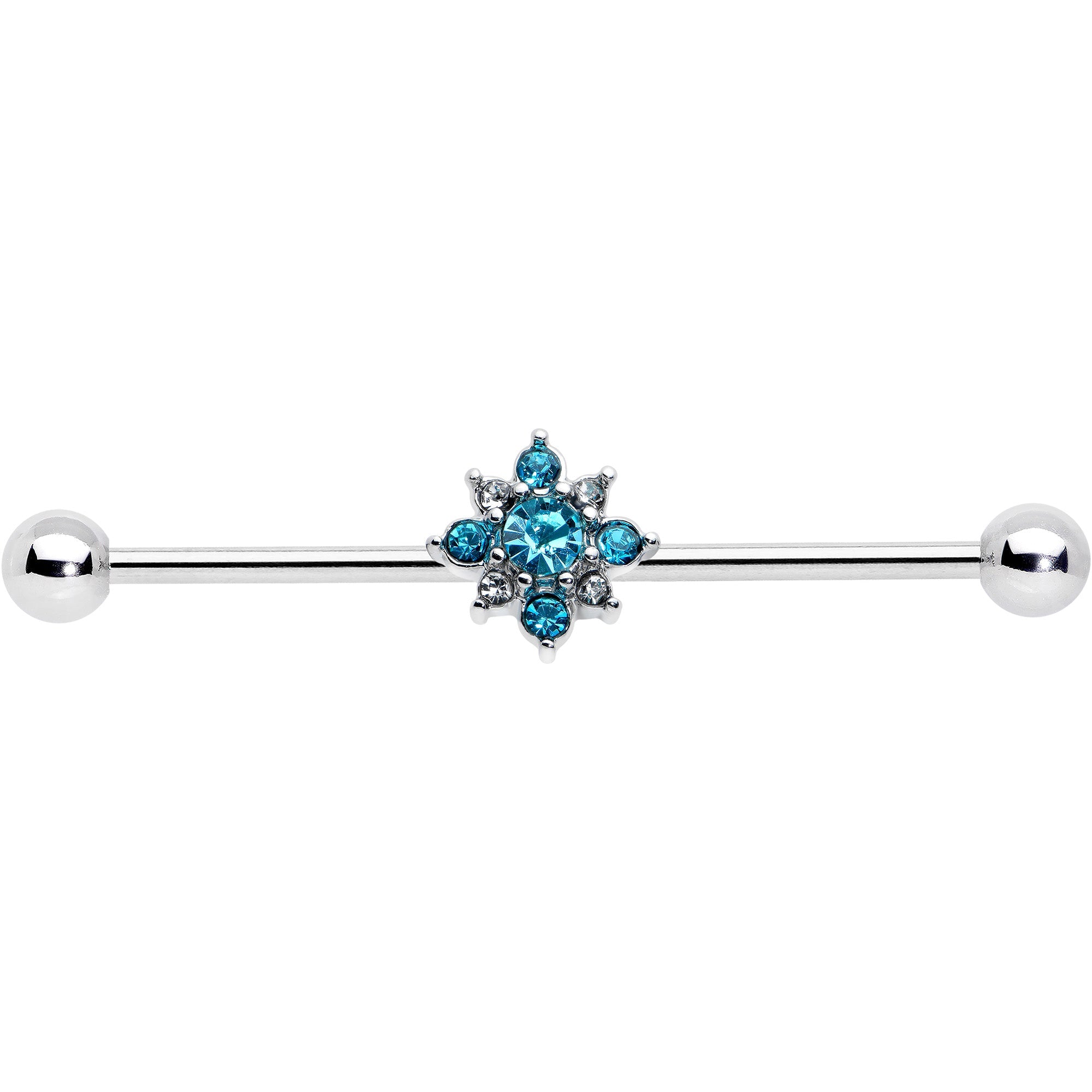 BodyCandy 14G Blue Gem Frosty Snowflake Christmas Industrial Barbell 38mm — detail close-up