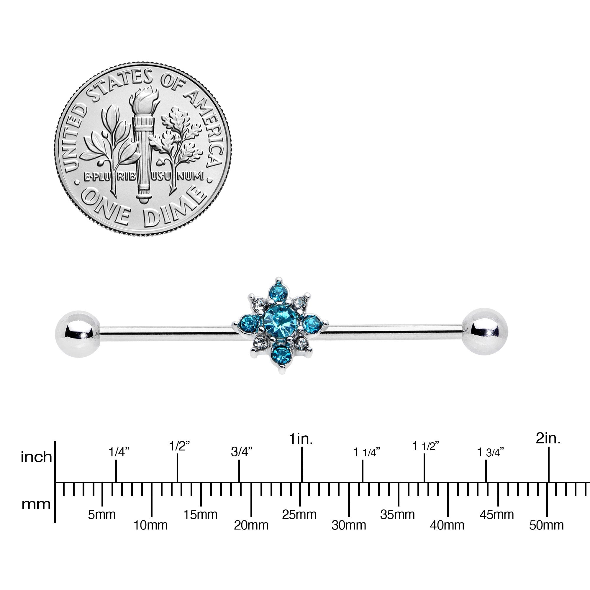 BodyCandy 14G Blue Gem Frosty Snowflake Christmas Industrial Barbell 38mm — lifestyle context