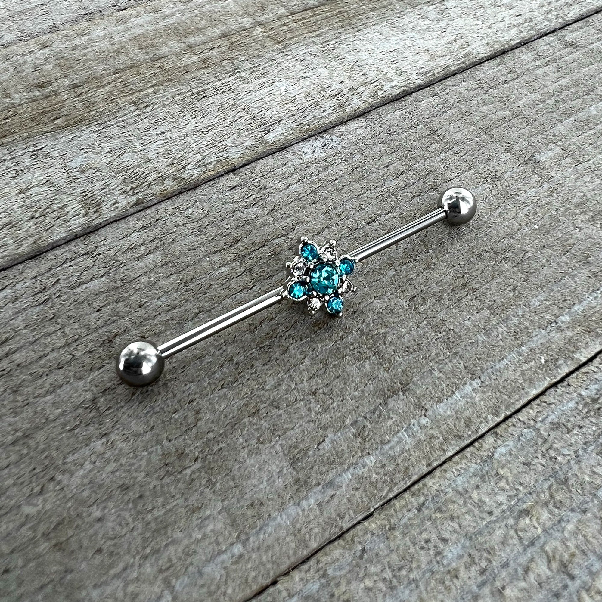 BodyCandy 14G Blue Gem Frosty Snowflake Christmas Industrial Barbell 38mm — side view