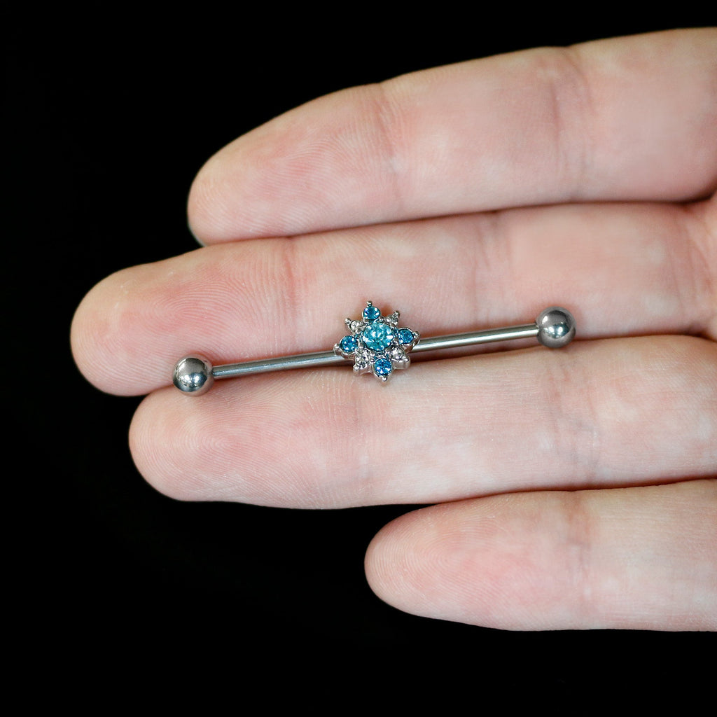 BodyCandy 14G Blue Gem Frosty Snowflake Christmas Industrial Barbell 38mm — back view