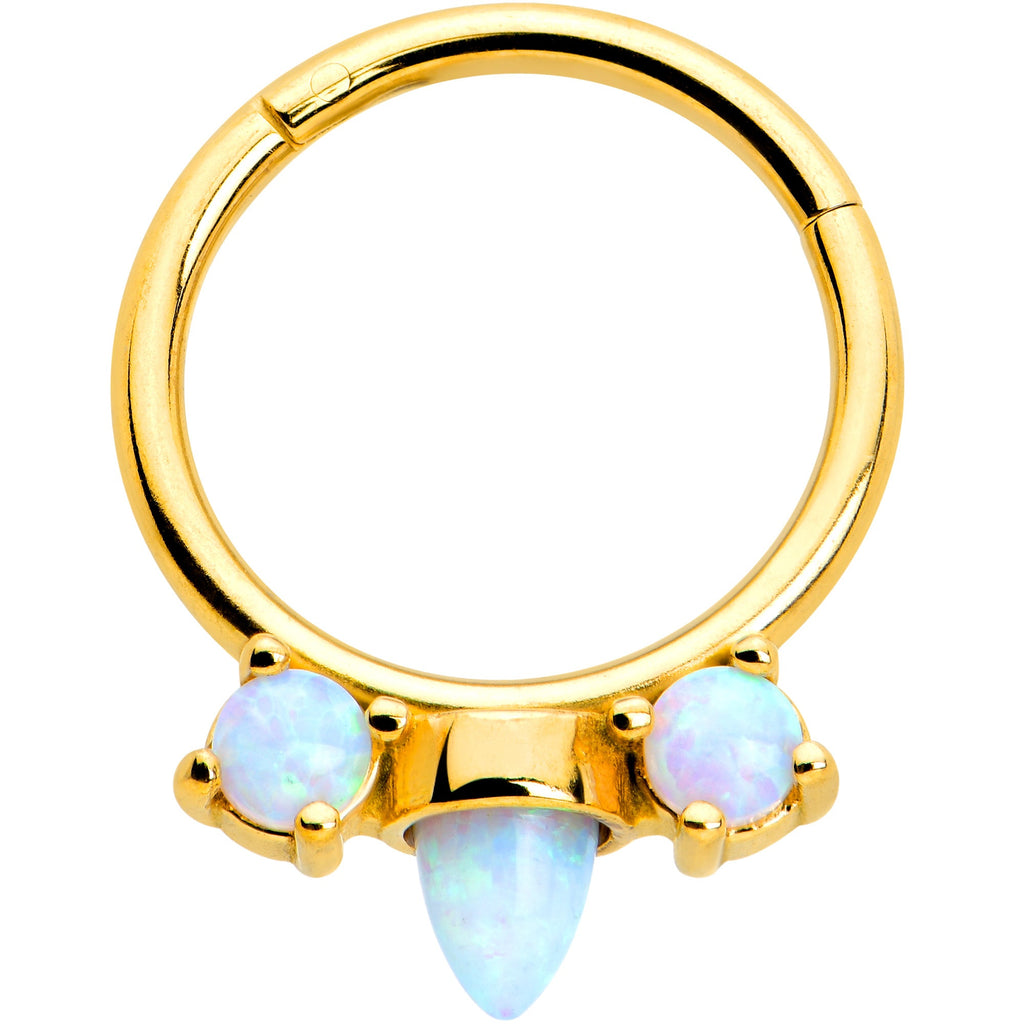 BodyCandy 16G 3/8 White Synthetic Opal Gold Tone Trio Point Hinged Segment Ring — main product shot