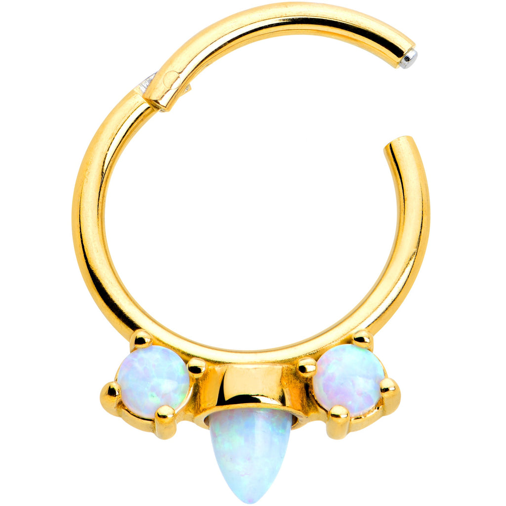 BodyCandy 16G 3/8 White Synthetic Opal Gold Tone Trio Point Hinged Segment Ring — detail close-up