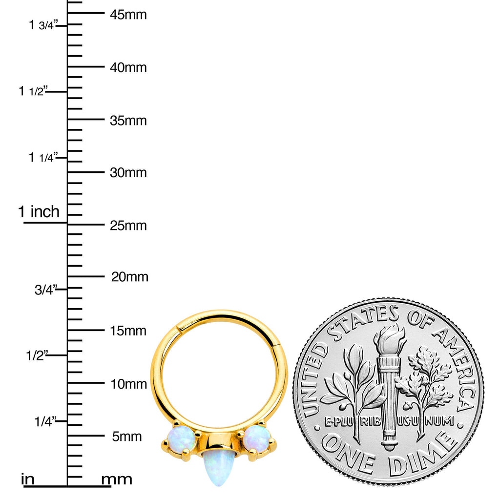 BodyCandy 16G 3/8 White Synthetic Opal Gold Tone Trio Point Hinged Segment Ring — lifestyle context