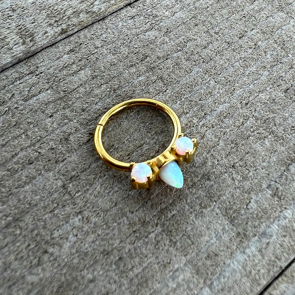 BodyCandy 16G 3/8 White Synthetic Opal Gold Tone Trio Point Hinged Segment Ring — side view