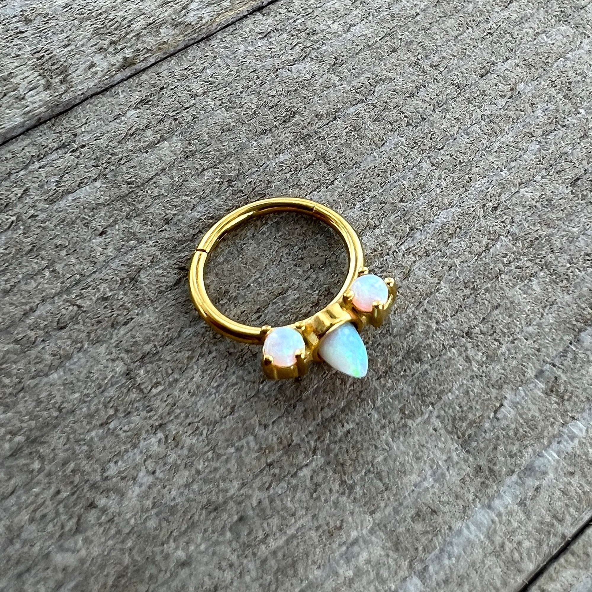 BodyCandy 16G 3/8 White Synthetic Opal Gold Tone Trio Point Hinged Segment Ring — side view