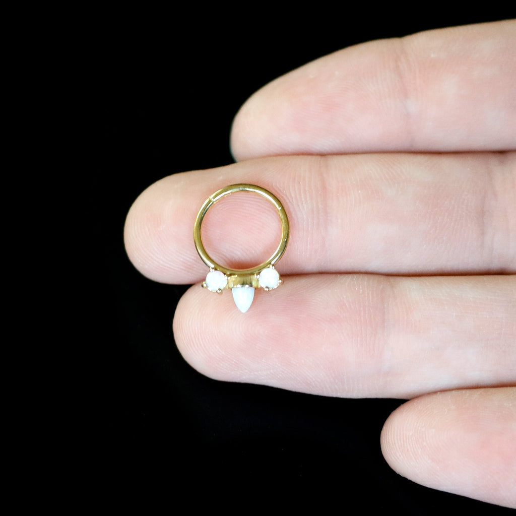 BodyCandy 16G 3/8 White Synthetic Opal Gold Tone Trio Point Hinged Segment Ring — back view