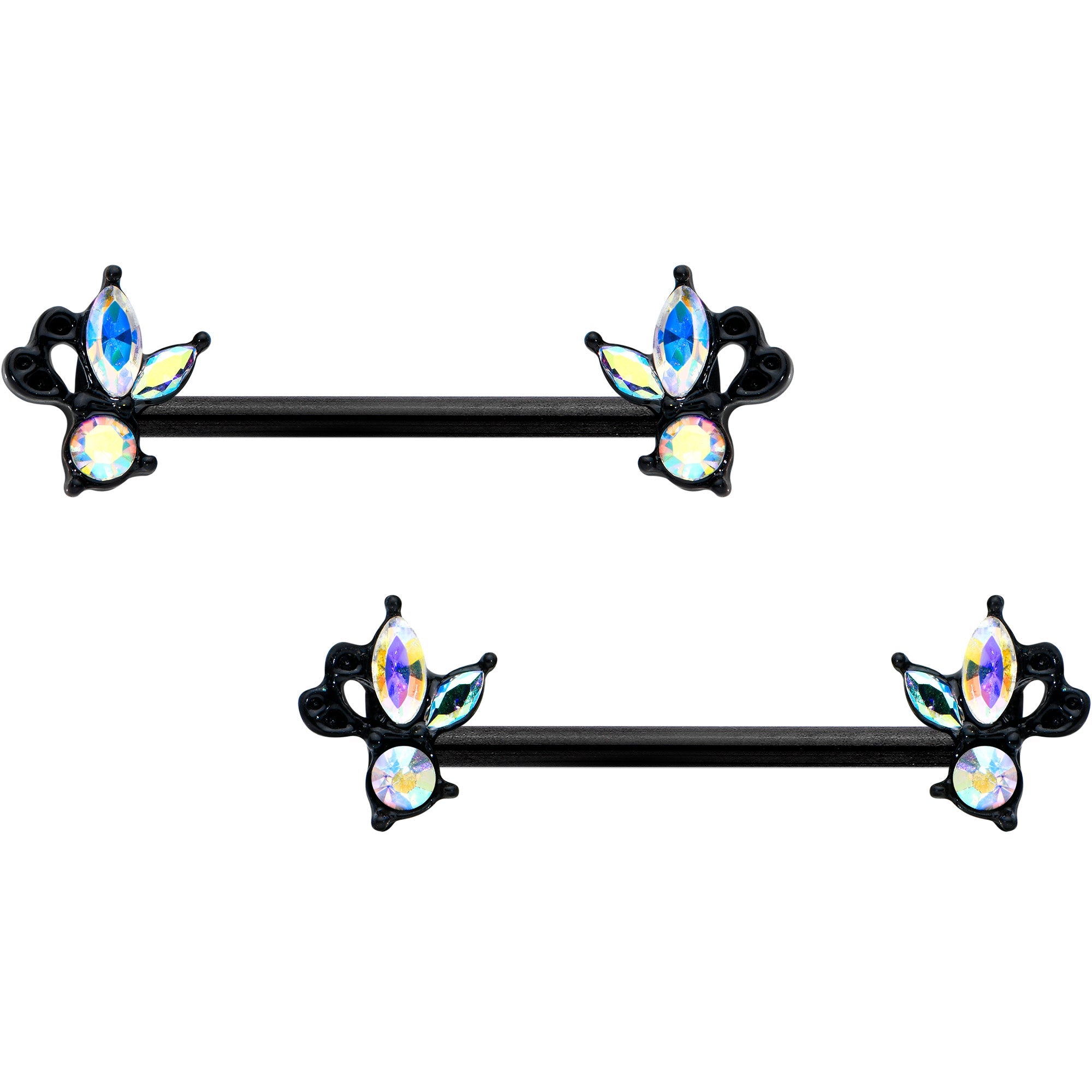 BodyCandy 14G 19mm Aurora CZ Gem Black Fleur de Lis Butterfly Barbell Nipple Ring Set — main product shot