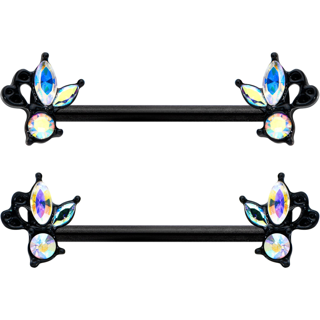 BodyCandy 14G 19mm Aurora CZ Gem Black Fleur de Lis Butterfly Barbell Nipple Ring Set — detail close-up