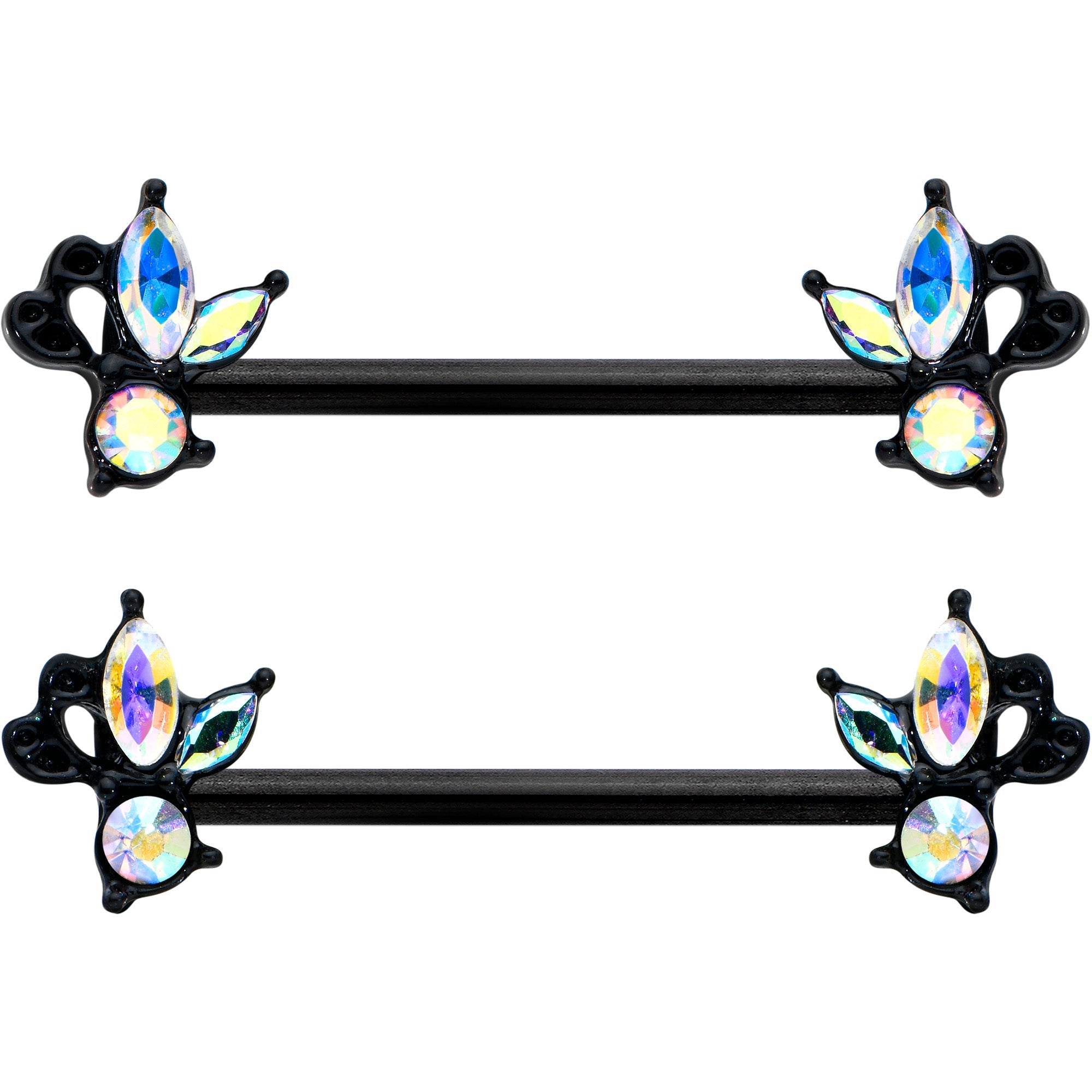 BodyCandy 14G 19mm Aurora CZ Gem Black Fleur de Lis Butterfly Barbell Nipple Ring Set — detail close-up