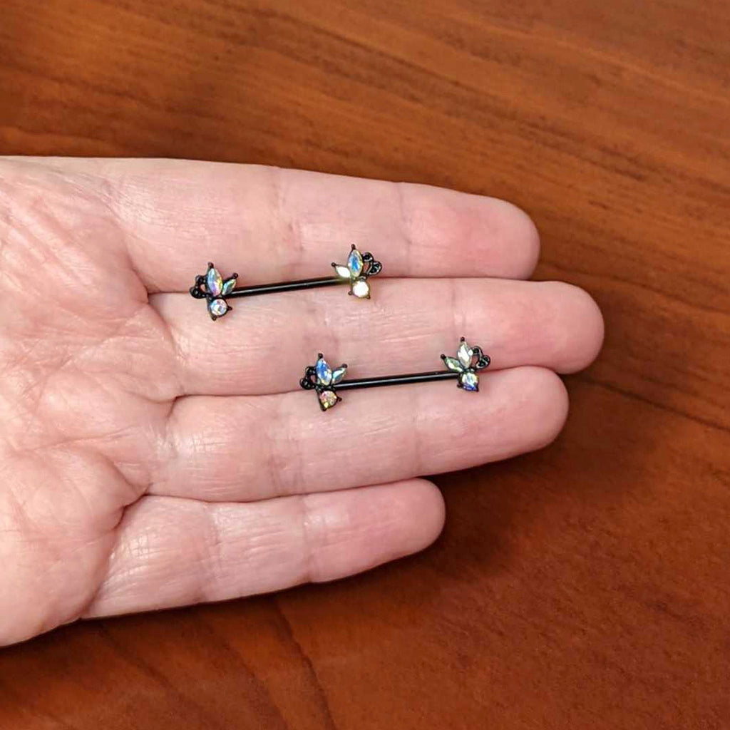BodyCandy 14G 19mm Aurora CZ Gem Black Fleur de Lis Butterfly Barbell Nipple Ring Set — side view