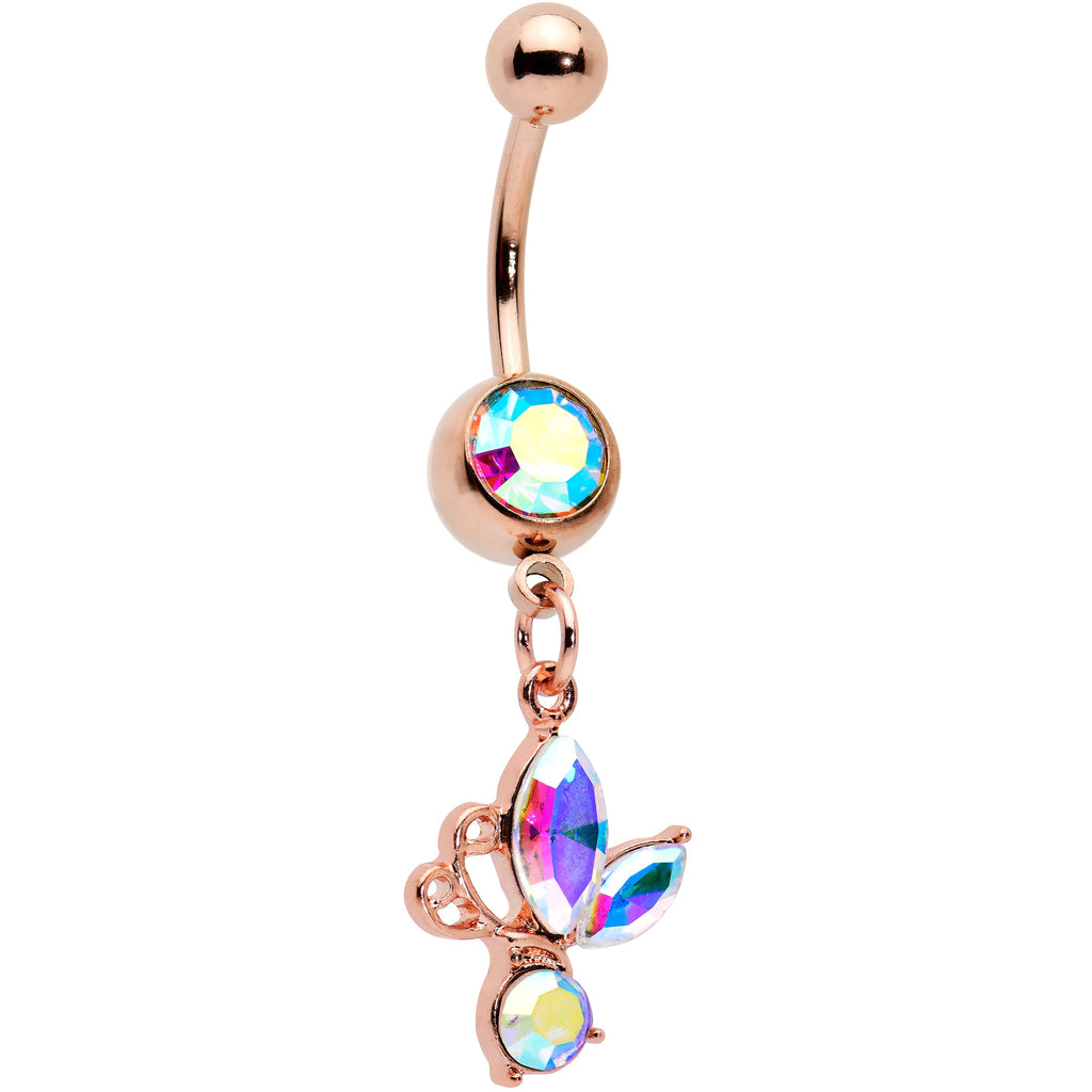 BodyCandy Aurora Gem Rose Gold Tone Fleur de Lis Butterfly Dangle Belly Ring — main product shot