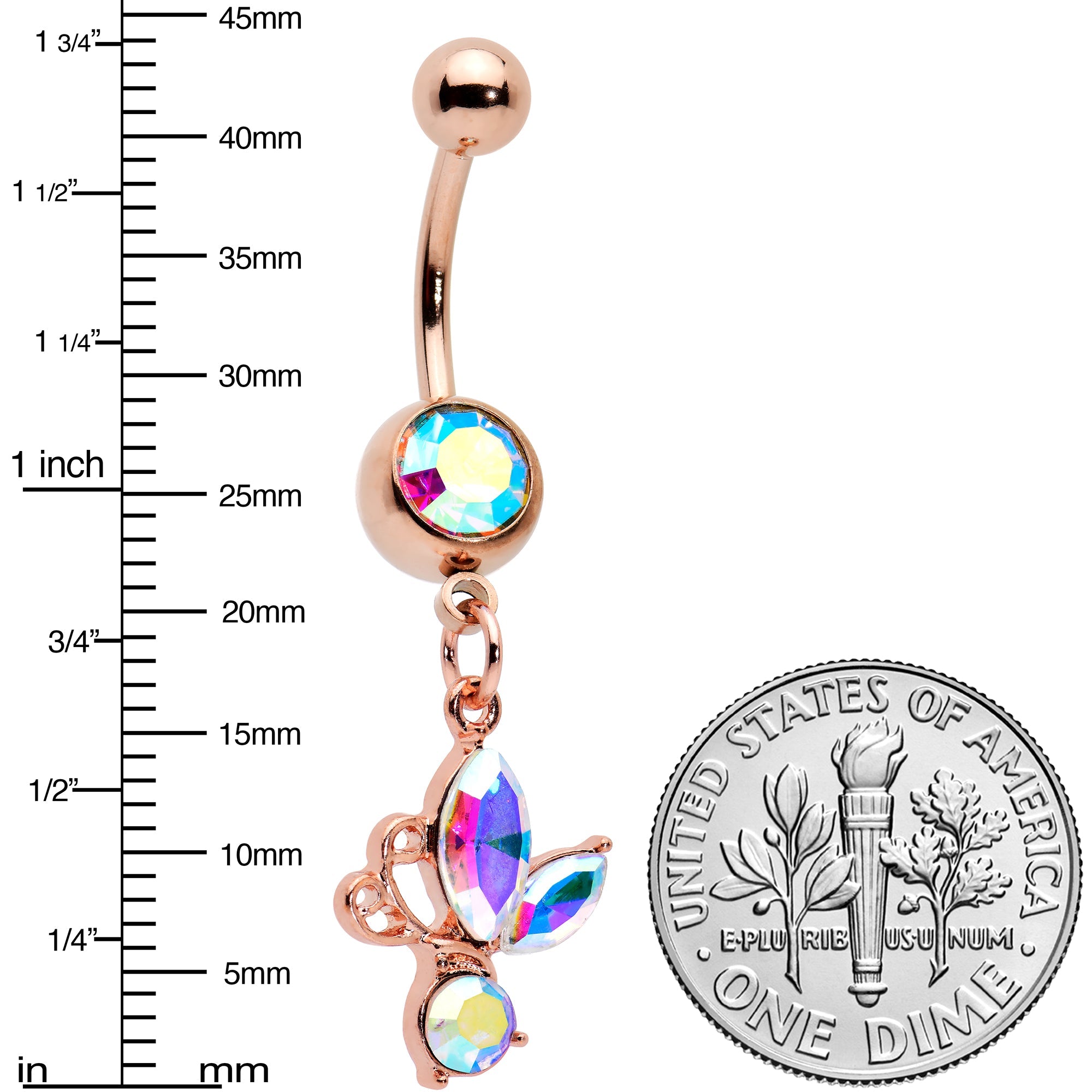 BodyCandy Aurora Gem Rose Gold Tone Fleur de Lis Butterfly Dangle Belly Ring — detail close-up