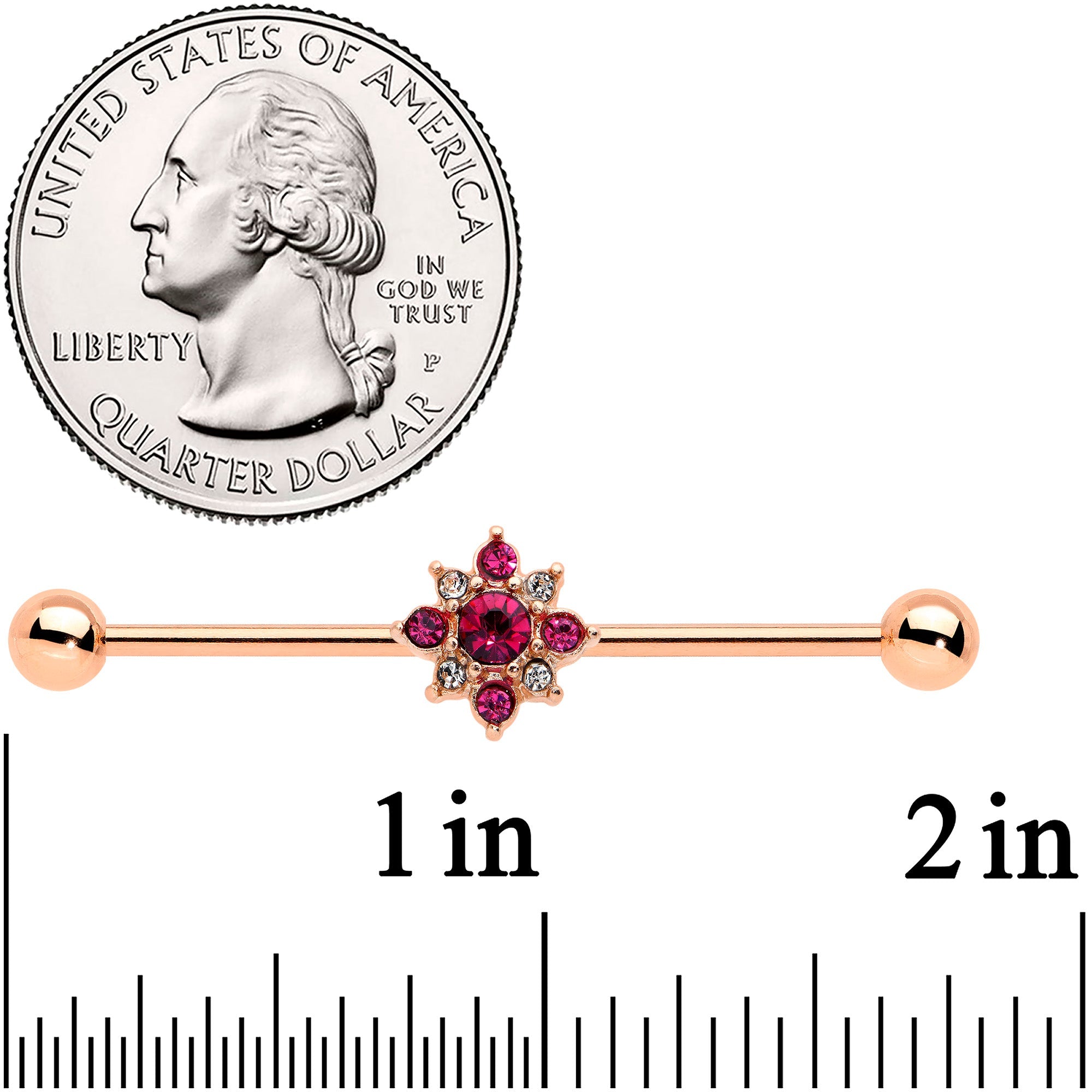 BodyCandy 14G Red Gem Rose Gold Tone Rococo Star Industrial Barbell 38mm — detail close-up