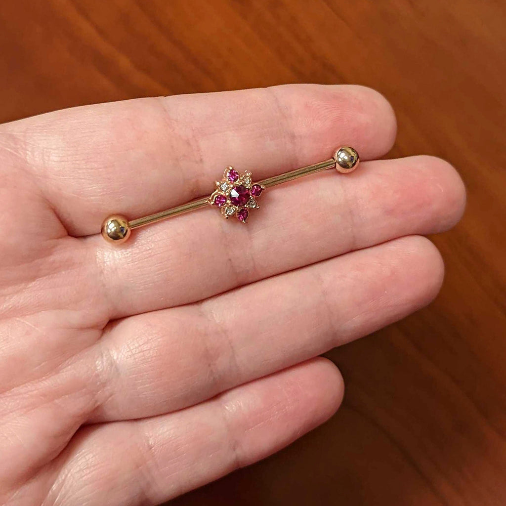 BodyCandy 14G Red Gem Rose Gold Tone Rococo Star Industrial Barbell 38mm — lifestyle context