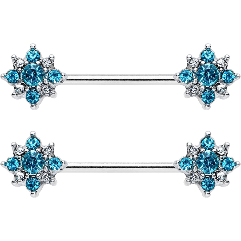 BodyCandy 14G 9/16 Clear Blue Gem Opulent Flower Barbell Nipple Ring Set — detail close-up