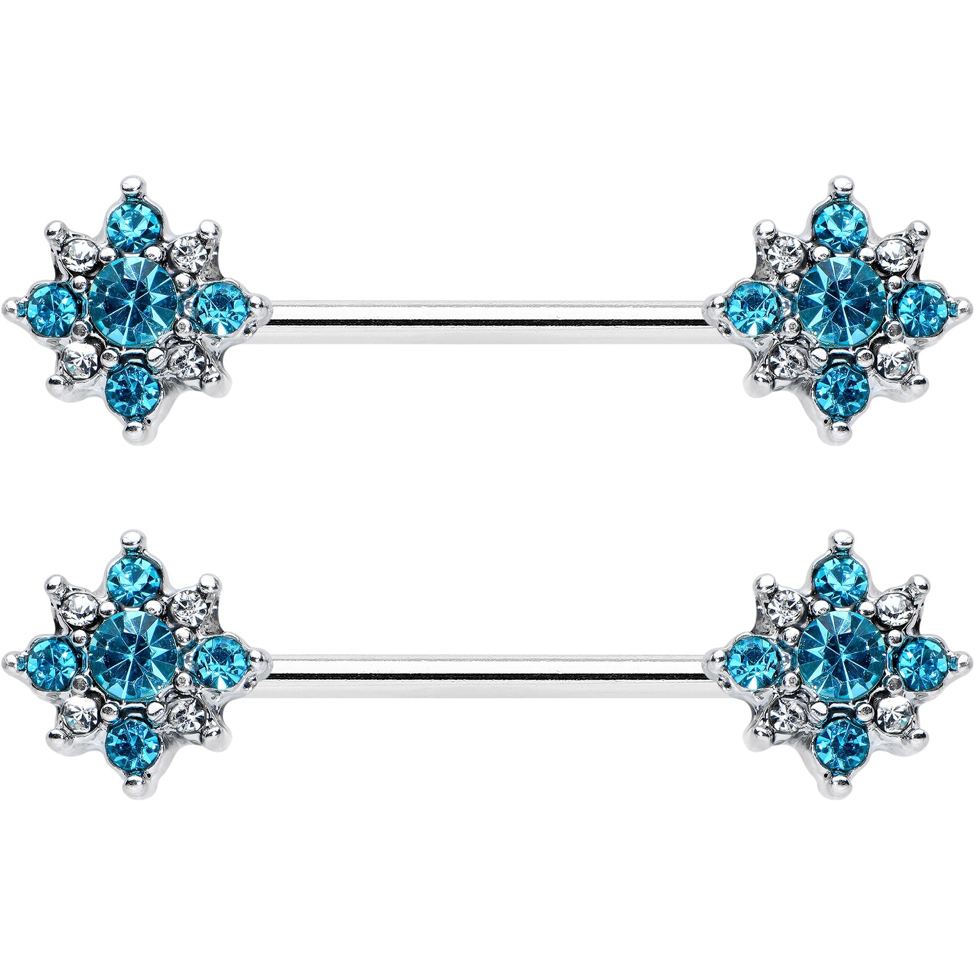 BodyCandy 14G 9/16 Clear Blue Gem Opulent Flower Barbell Nipple Ring Set — detail close-up