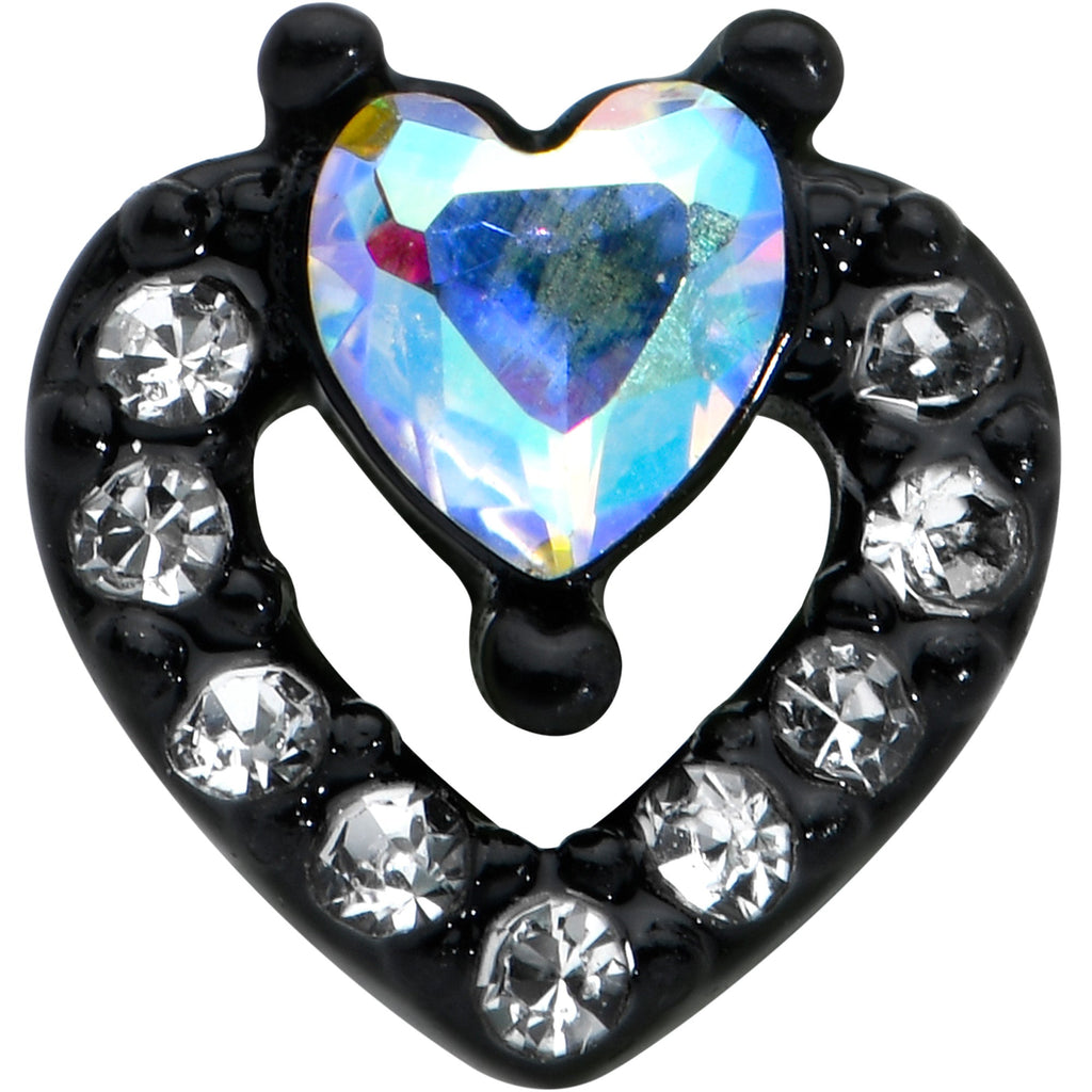 BodyCandy 20G 1/4 Clear Aurora Gem Black Heart Valentines Nose Bone — detail close-up