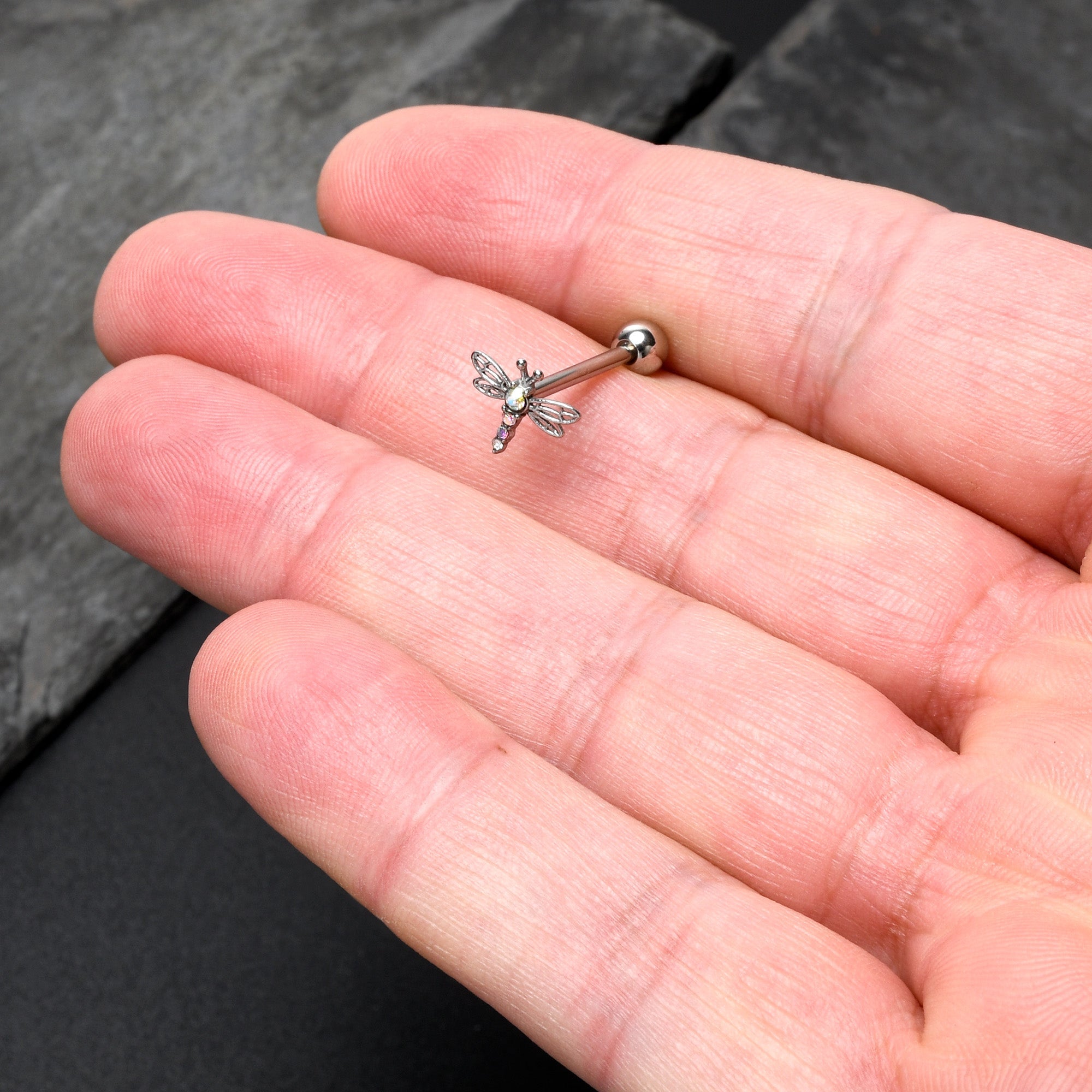 BodyCandy Aurora Gem Ornate Dragonfly Barbell Tongue Ring — side view