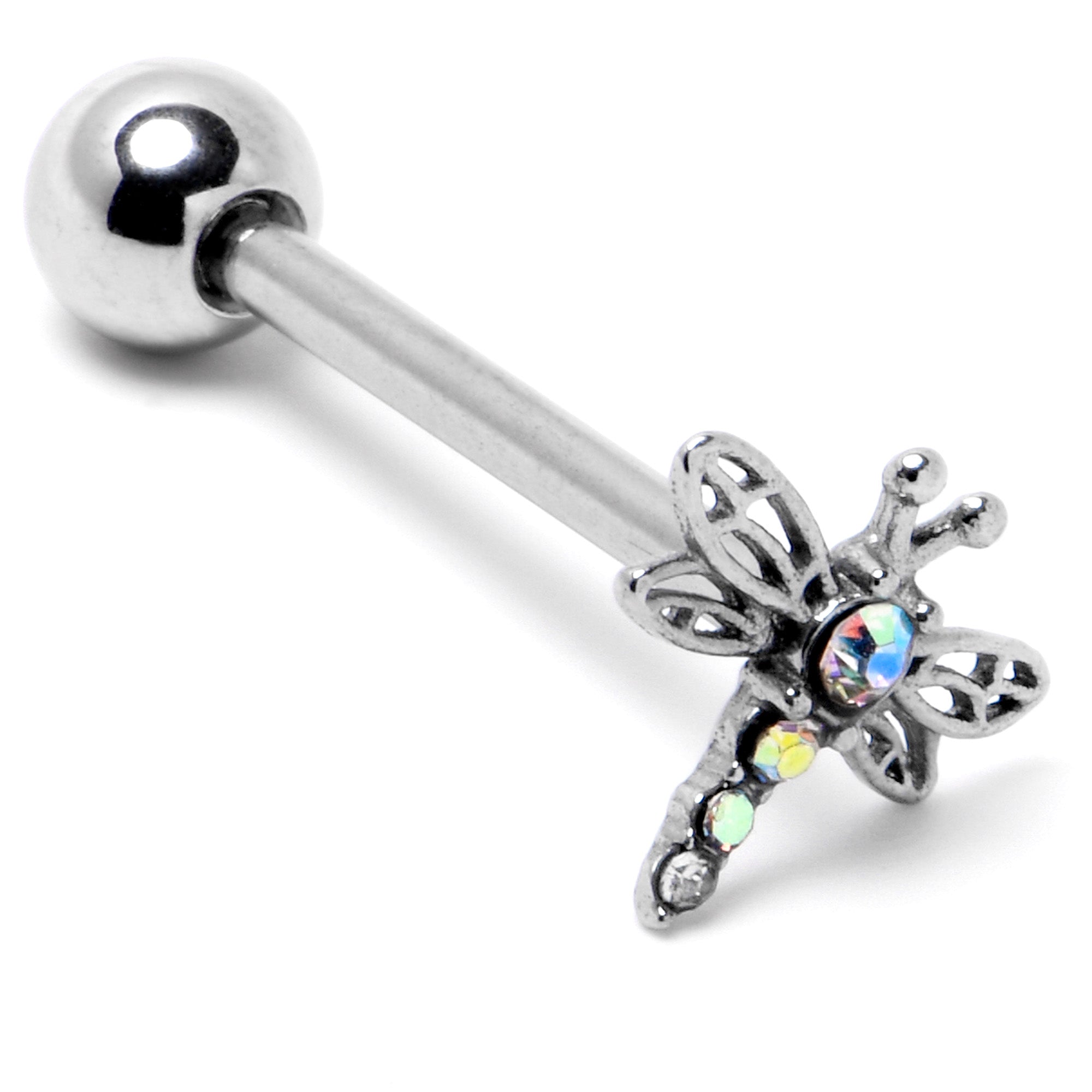 BodyCandy Aurora Gem Ornate Dragonfly Barbell Tongue Ring — back view