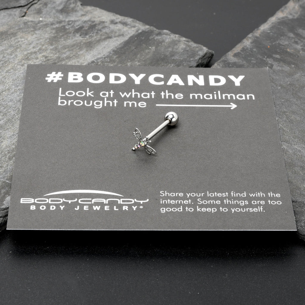 BodyCandy Aurora Gem Ornate Dragonfly Barbell Tongue Ring — size reference