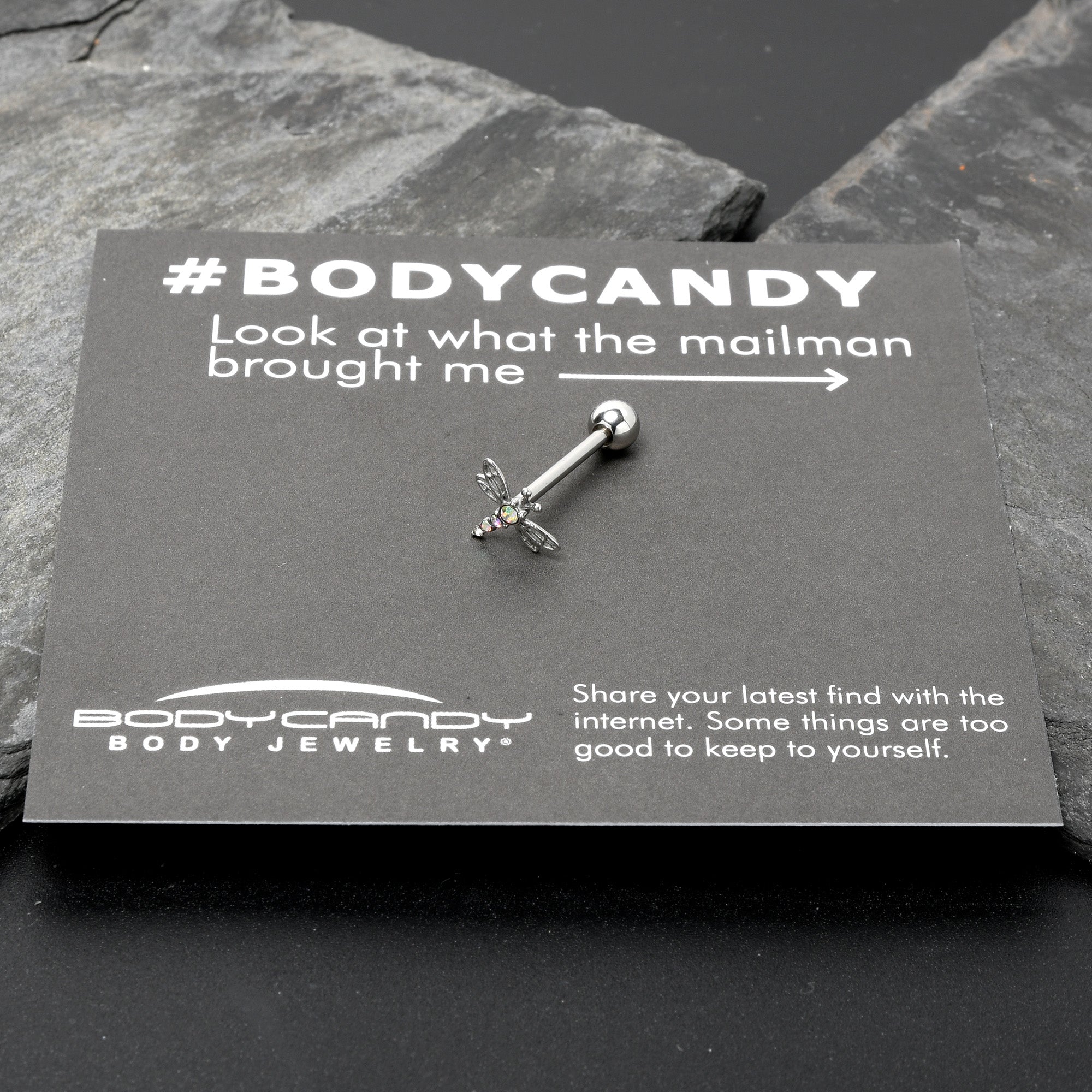 BodyCandy Aurora Gem Ornate Dragonfly Barbell Tongue Ring — size reference