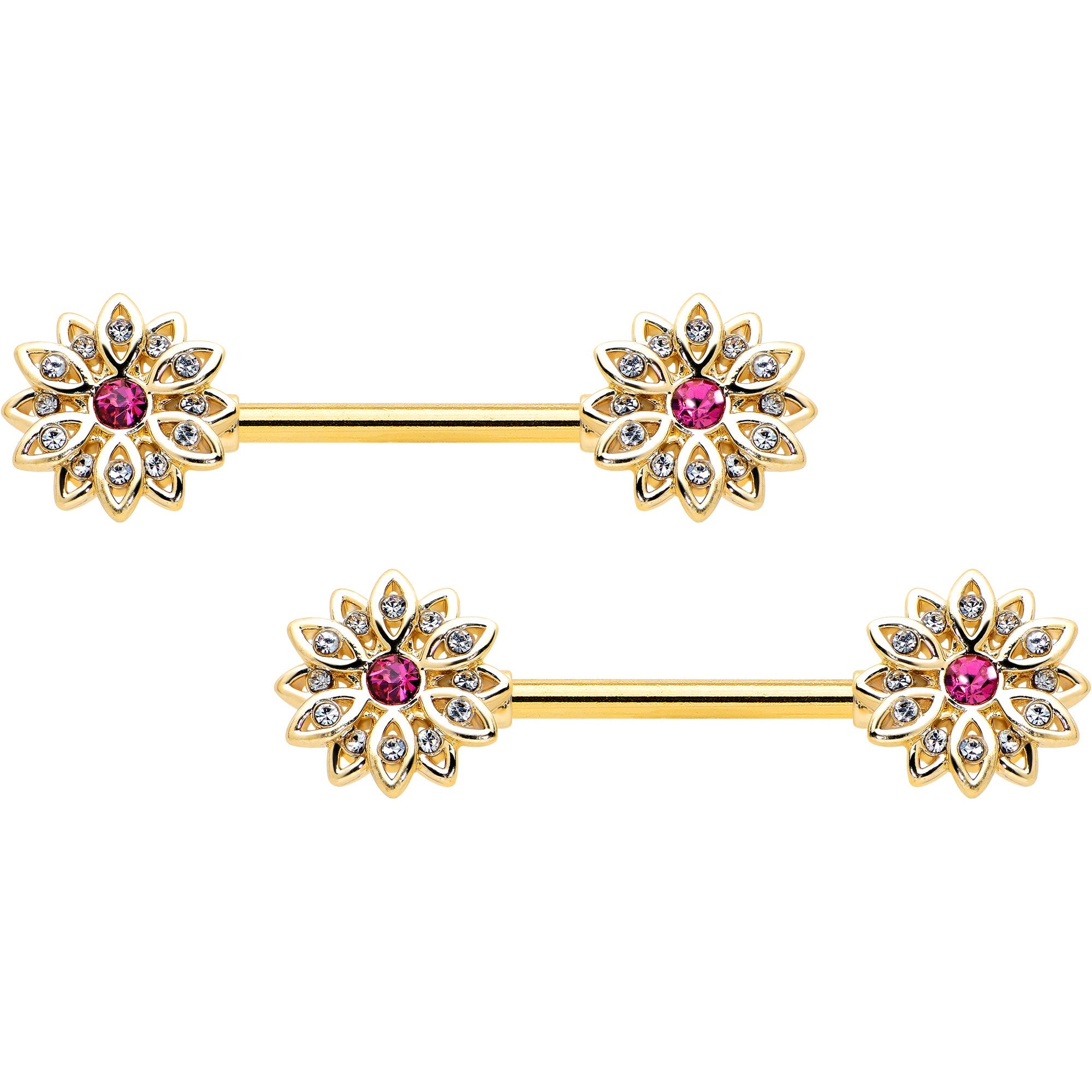 BodyCandy 14G 9/16 Clear Pink Gem Gold Tone Starry Flower Nipple Ring Set — main product shot