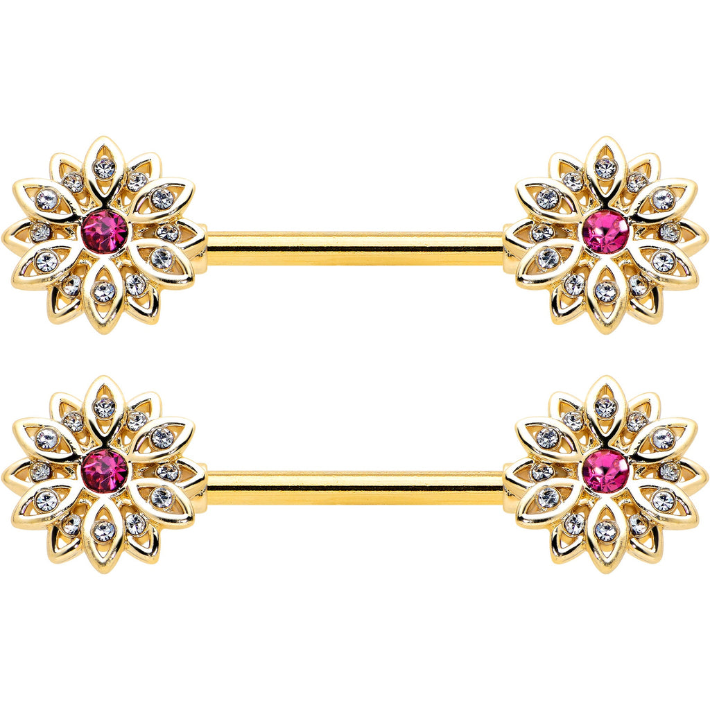 BodyCandy 14G 9/16 Clear Pink Gem Gold Tone Starry Flower Nipple Ring Set — detail close-up