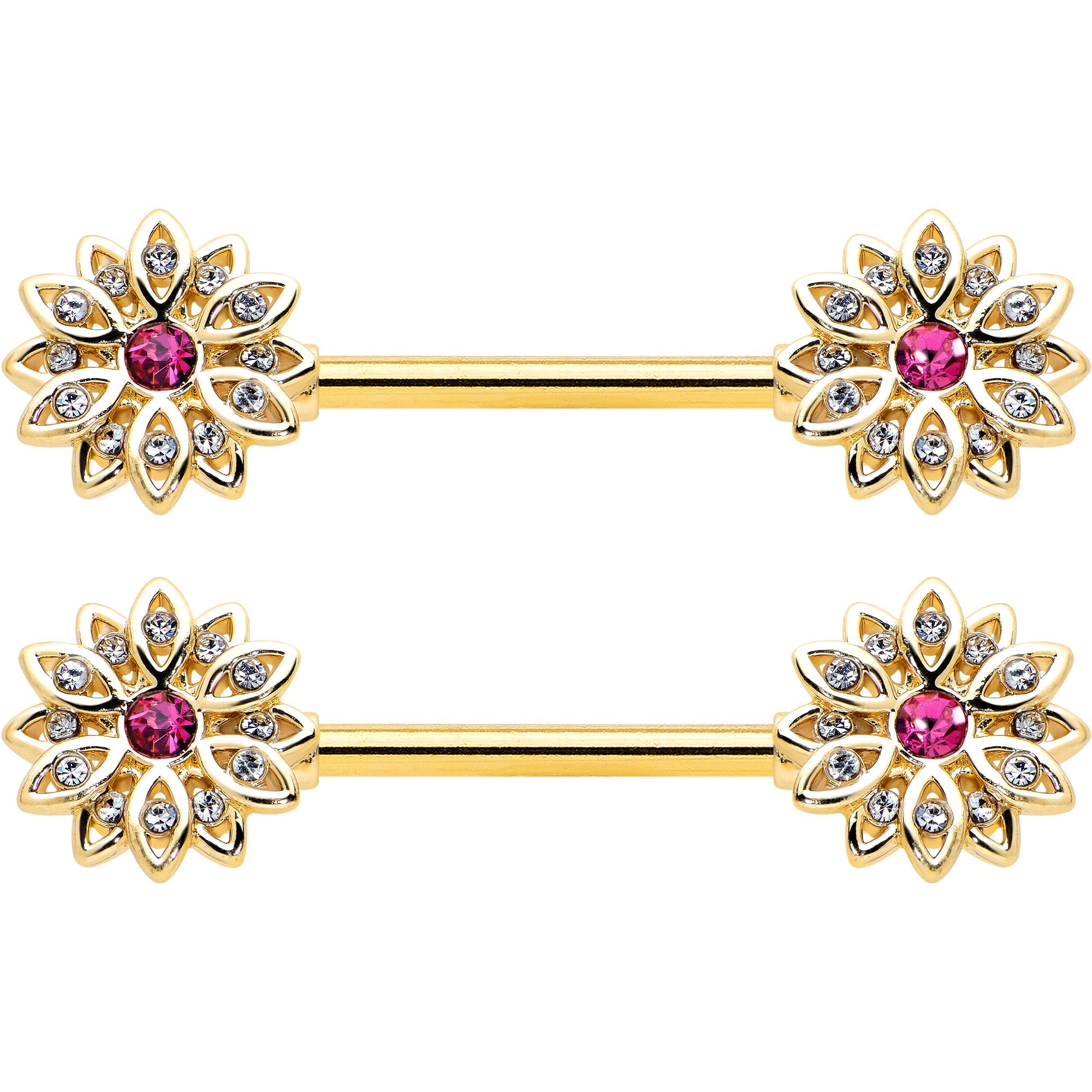 BodyCandy 14G 9/16 Clear Pink Gem Gold Tone Starry Flower Nipple Ring Set — detail close-up