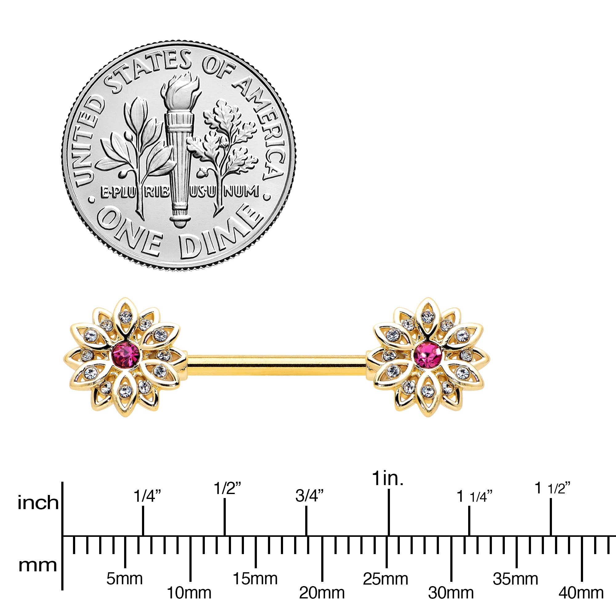BodyCandy 14G 9/16 Clear Pink Gem Gold Tone Starry Flower Nipple Ring Set — lifestyle context