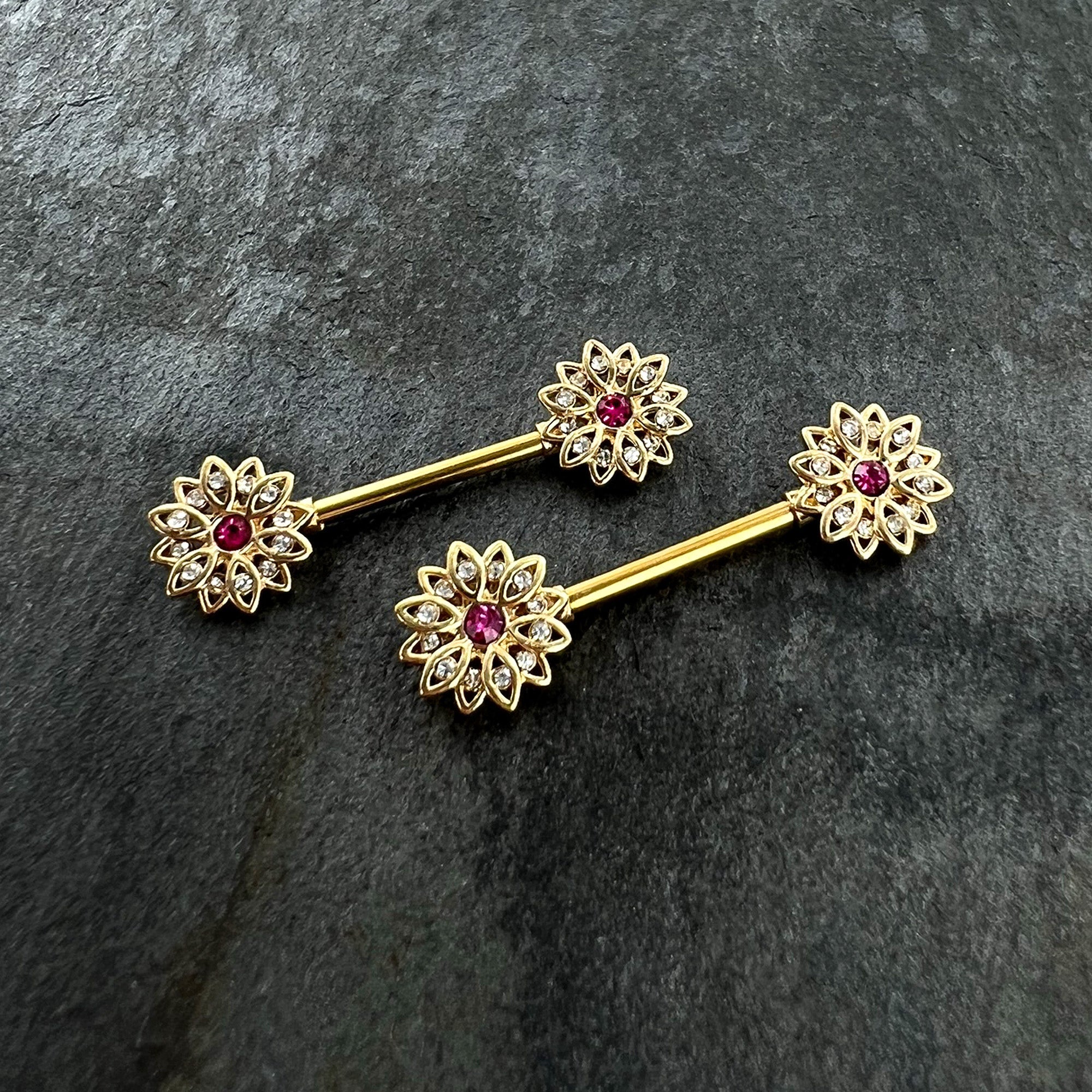 BodyCandy 14G 9/16 Clear Pink Gem Gold Tone Starry Flower Nipple Ring Set — side view