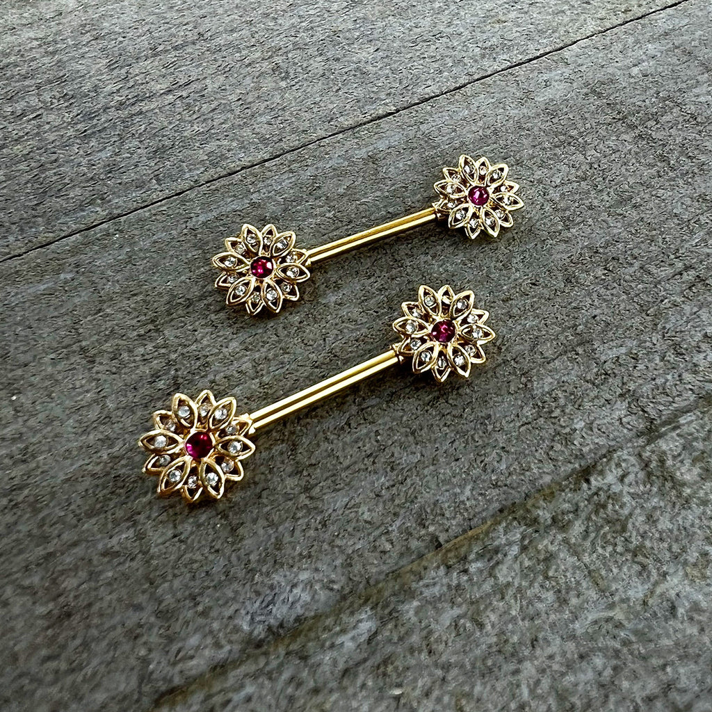 BodyCandy 14G 9/16 Clear Pink Gem Gold Tone Starry Flower Nipple Ring Set — back view