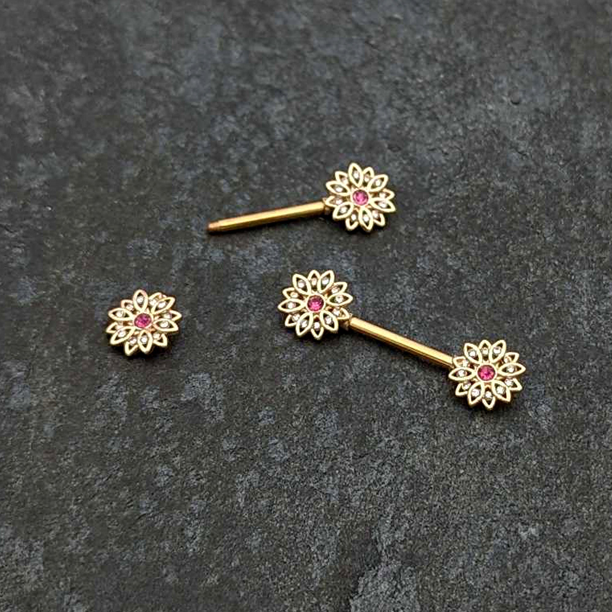 BodyCandy 14G 9/16 Clear Pink Gem Gold Tone Starry Flower Nipple Ring Set — alternative angle
