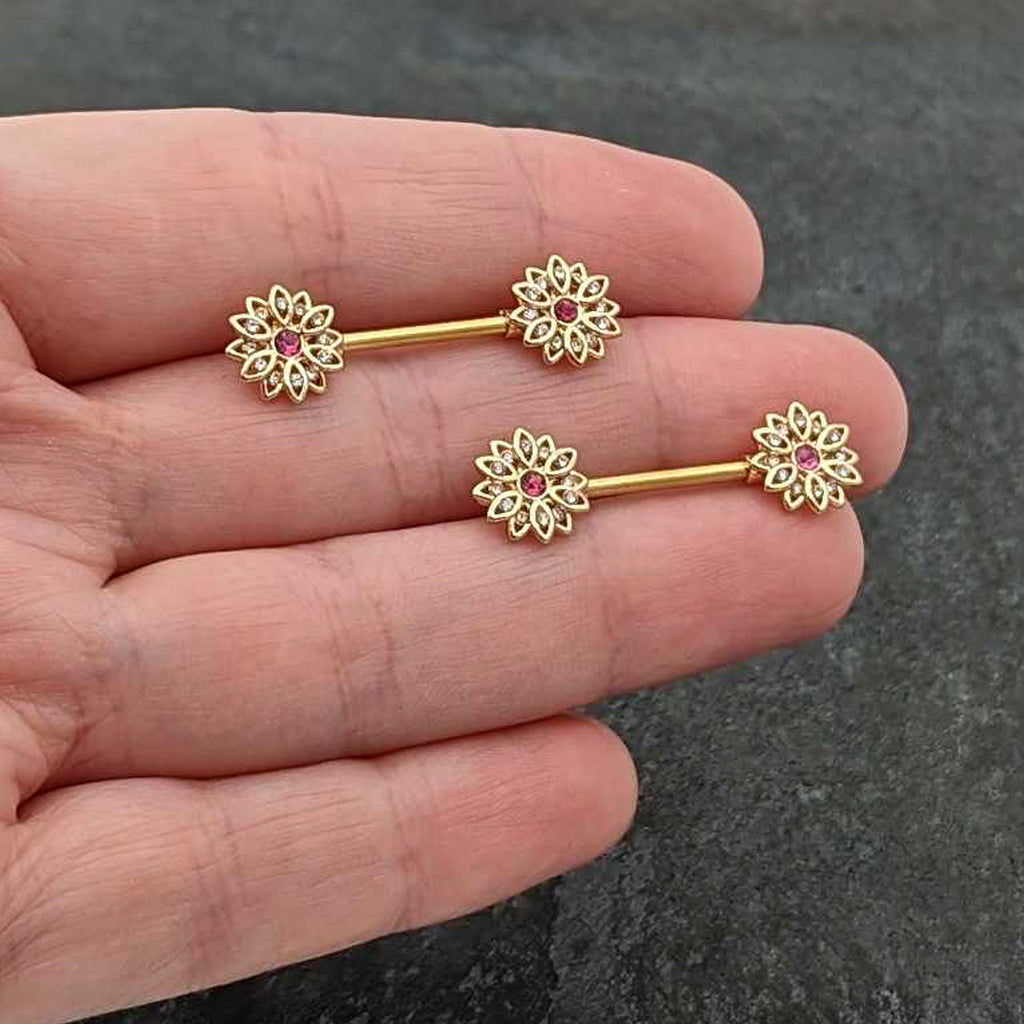 BodyCandy 14G 9/16 Clear Pink Gem Gold Tone Starry Flower Nipple Ring Set — in-use photo