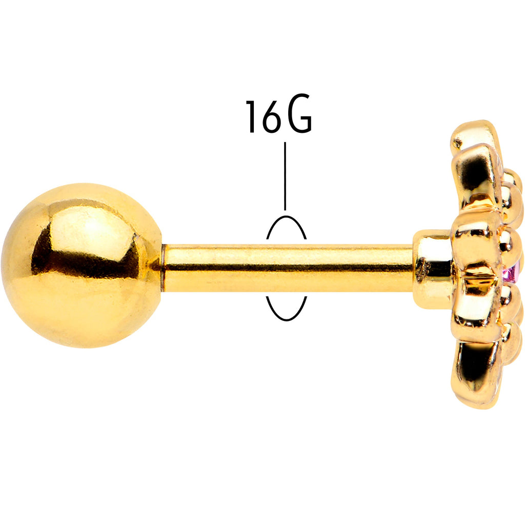 BodyCandy 16G 1/4 Pink Gem Gold Tone Starry Flower Cartilage Tragus Earring — back view