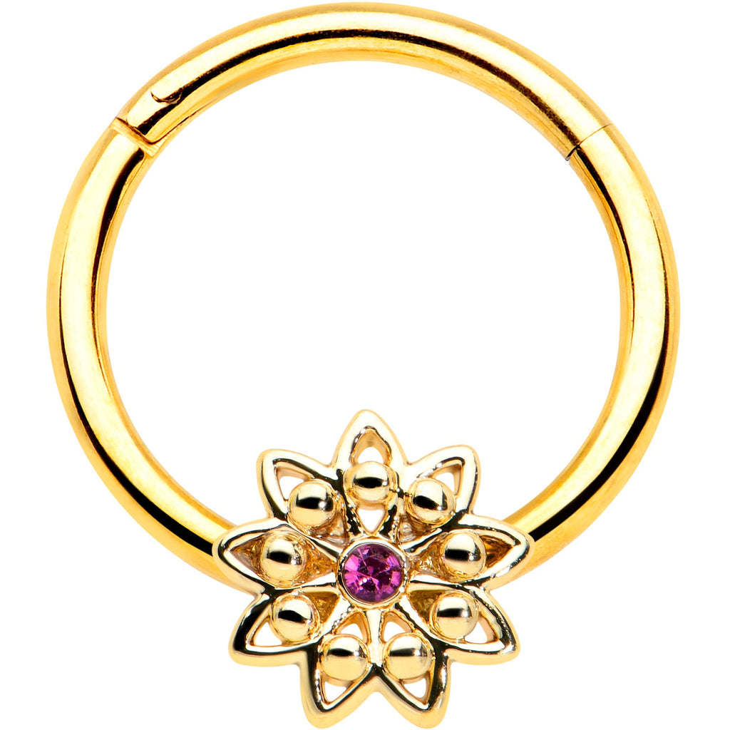 BodyCandy 16G 3/8 Pink Gem Gold Tone Starry Flower Hinged Segment Ring — main product shot