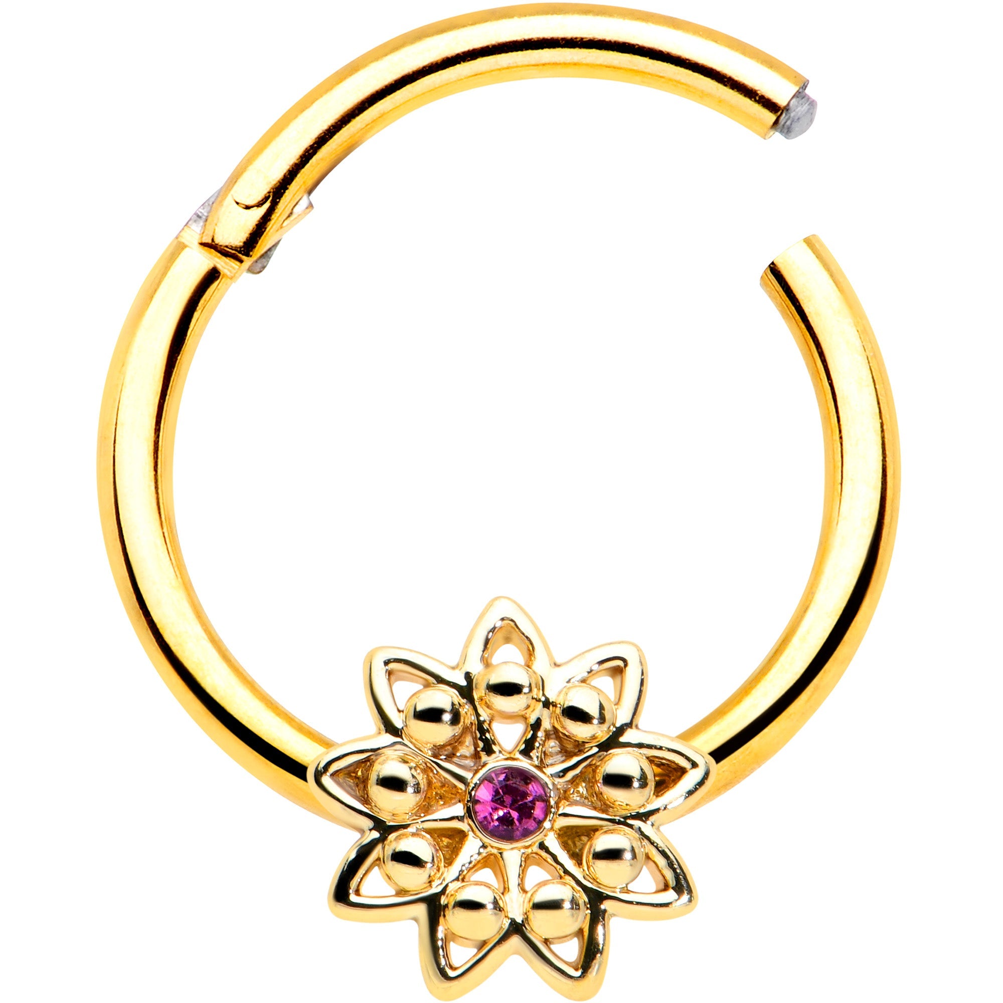 BodyCandy 16G 3/8 Pink Gem Gold Tone Starry Flower Hinged Segment Ring — detail close-up