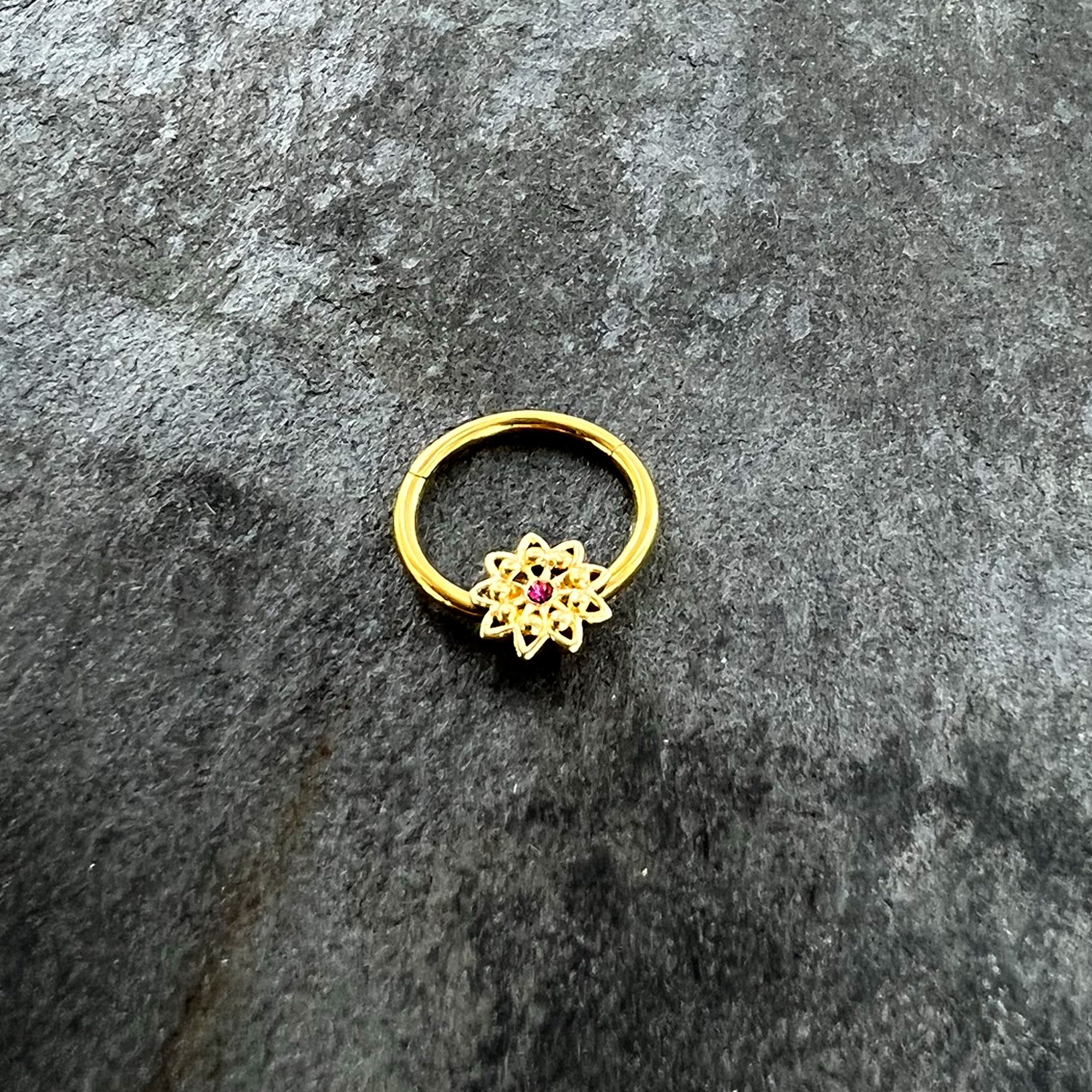 BodyCandy 16G 3/8 Pink Gem Gold Tone Starry Flower Hinged Segment Ring — side view