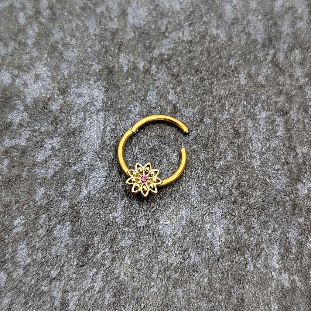 BodyCandy 16G 3/8 Pink Gem Gold Tone Starry Flower Hinged Segment Ring — back view