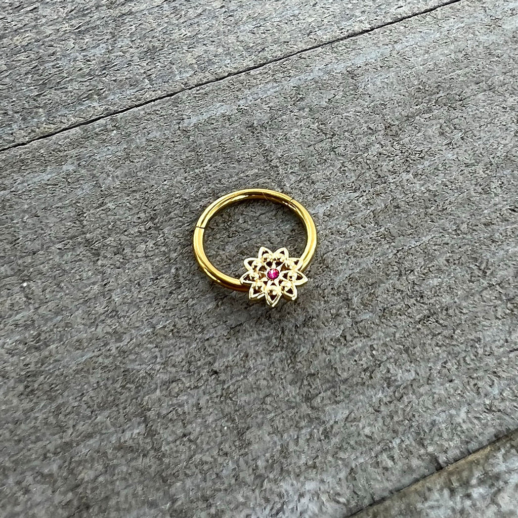 BodyCandy 16G 3/8 Pink Gem Gold Tone Starry Flower Hinged Segment Ring — alternative angle