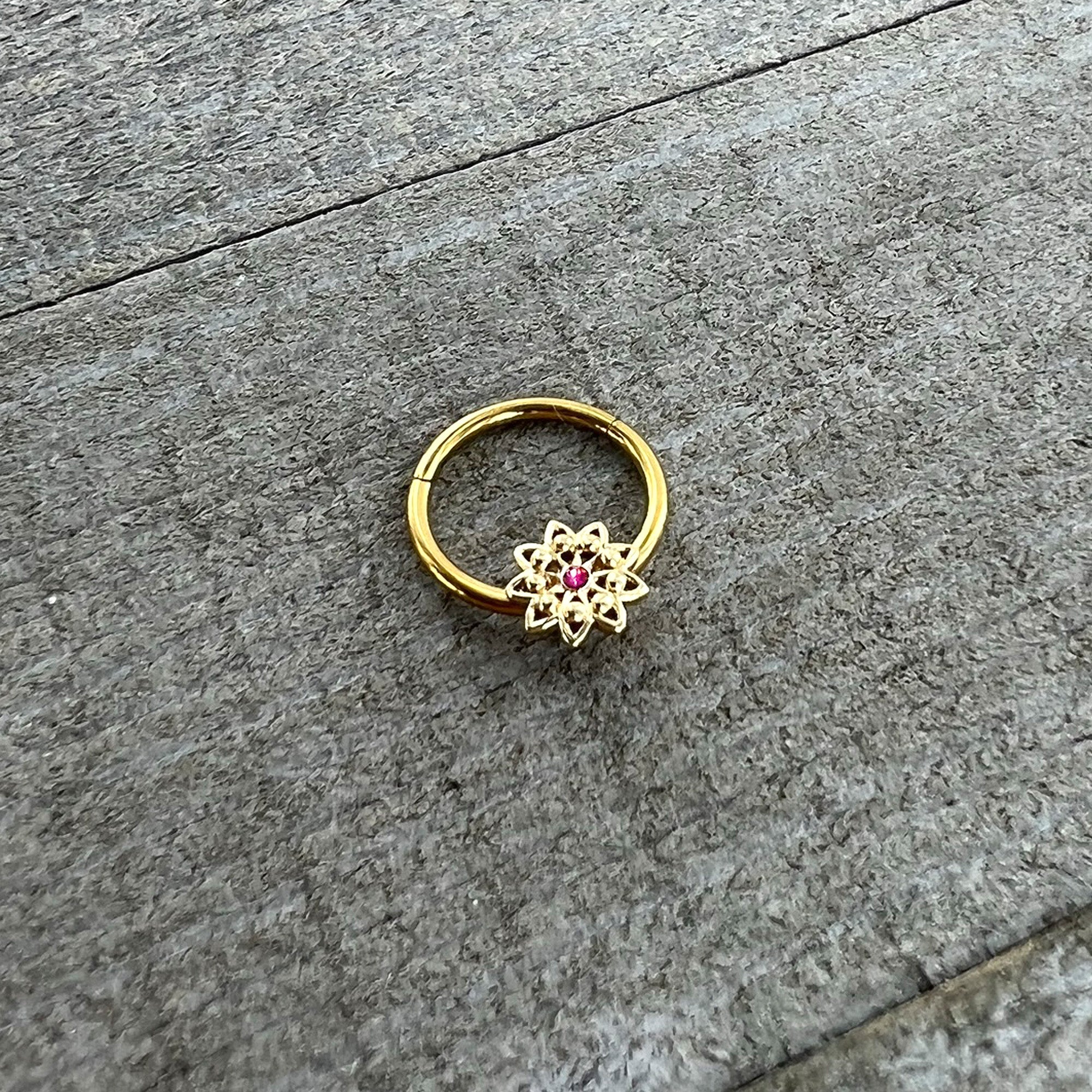 BodyCandy 16G 3/8 Pink Gem Gold Tone Starry Flower Hinged Segment Ring — alternative angle
