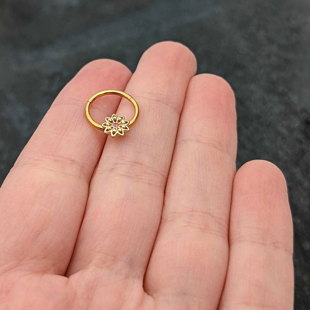 BodyCandy 16G 3/8 Pink Gem Gold Tone Starry Flower Hinged Segment Ring — size reference