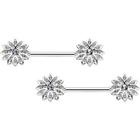 14G 9/16 Clear Gem Rococo Starry Flower Barbell Nipple Ring Set